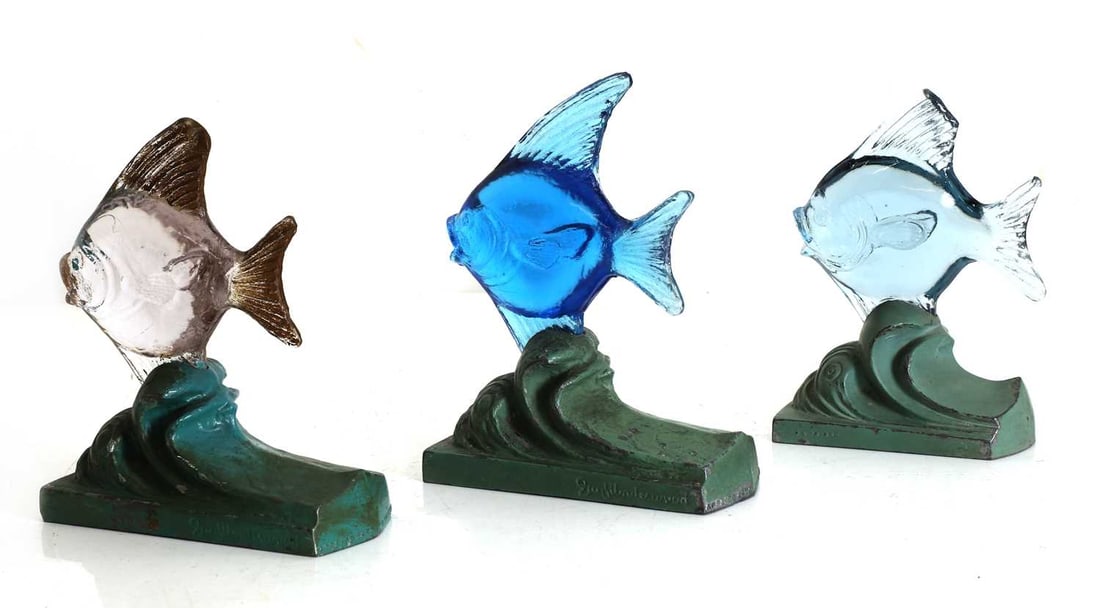 A set of three Art Deco glass and spelter paperweights, 1930s, - 2