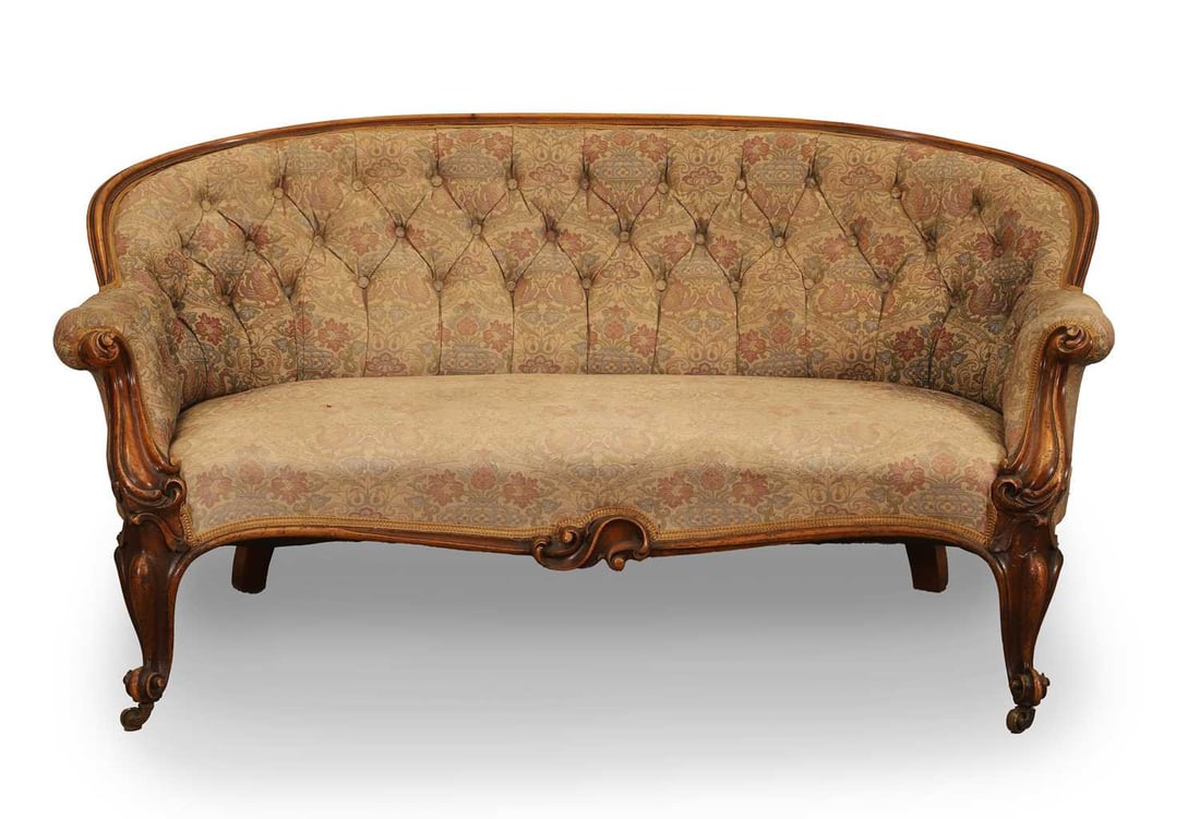 A Victorian walnut-framed salon settee, 19th century, (1 of 2)