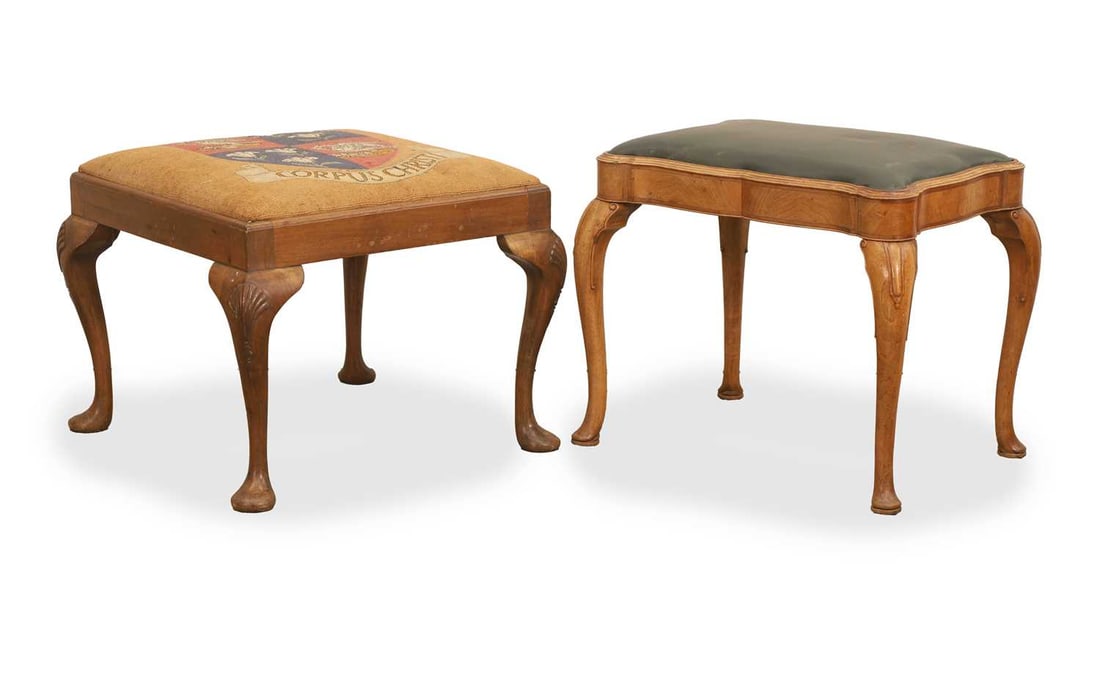 A George II style walnut stool, early 20th century,: A George II style walnut stool, early 20th century, the square drop-in seat upholstered with a needlework depicting a heraldic crest and motto 'Corpus Christi' raised on shell moulded cabriole legs