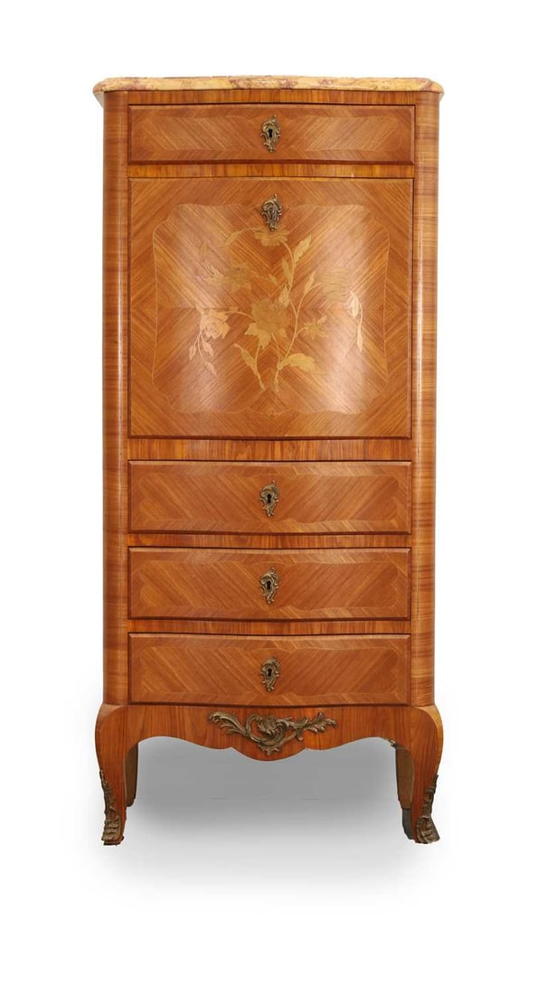 A French kingwood and tulip wood rouge marble topped escritoire, 20th century, (1 of 2)