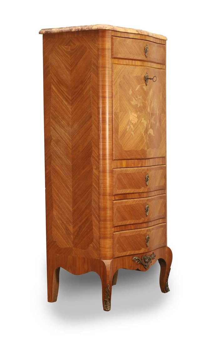 A French kingwood and tulip wood rouge marble topped escritoire, 20th century, - 2