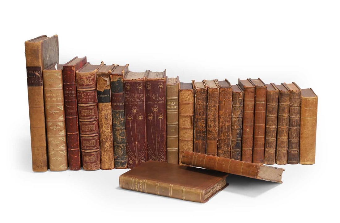 BINDING: 22 Volumes of leather bound books from the library of Edward Bawden,: BINDING: 22 Volumes of leather bound books from the library of Edward Bawden, including: Hazlitt, W: Table-Talk; or, Original essays on men & manners. 2 vols. Paris, Galignani, 1825. Full leather;