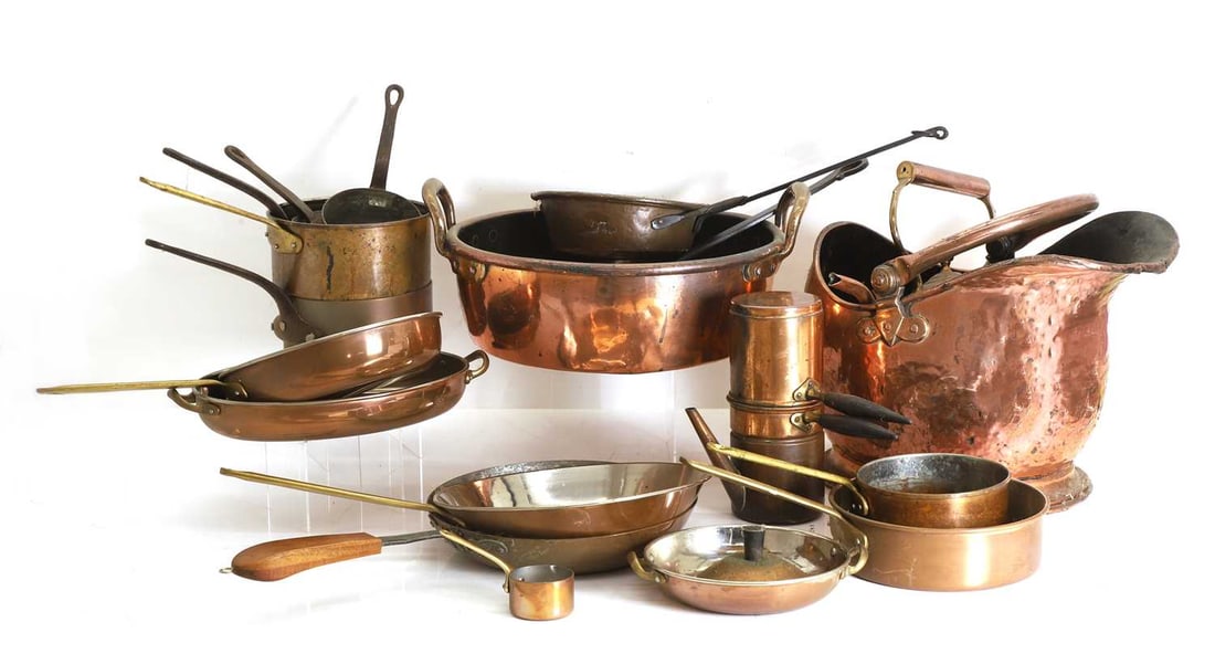 A collection of copper pans and vessels, (1 of 3)