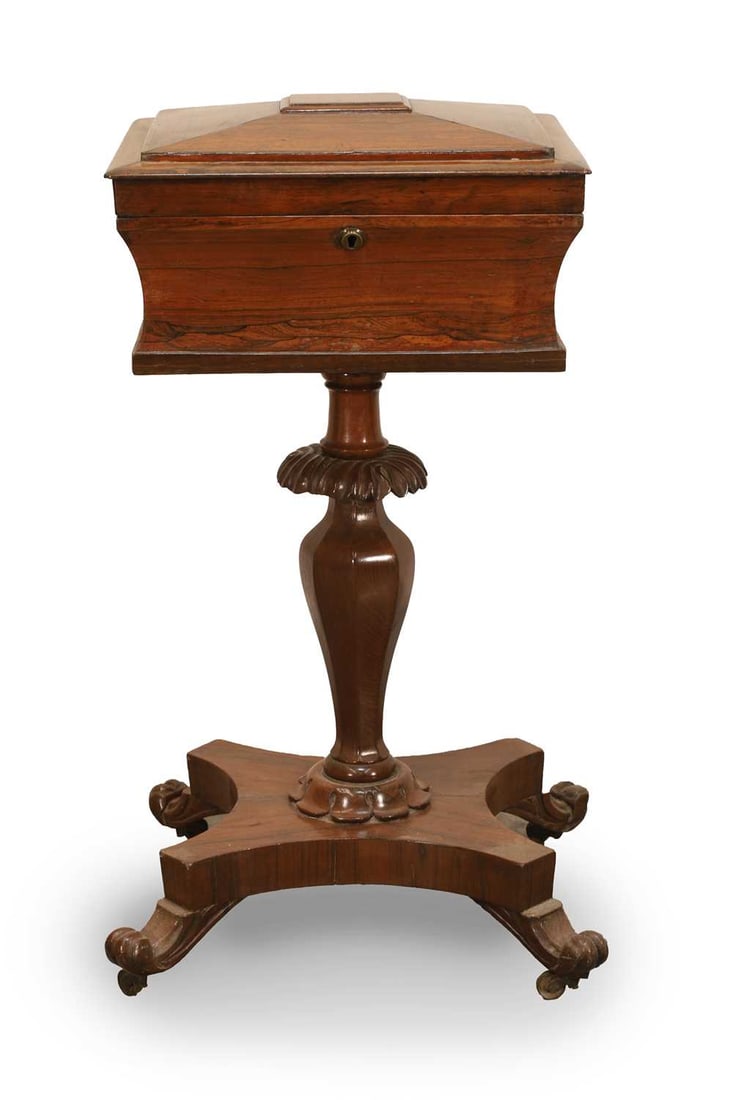 A Victorian rosewood teapoy, 20th century,: A Victorian rosewood teapoy, 20th century, on a quatraform base, the lid opening to reveal a green upholstered interior 38cm wide, 33cm deep, 72cm high