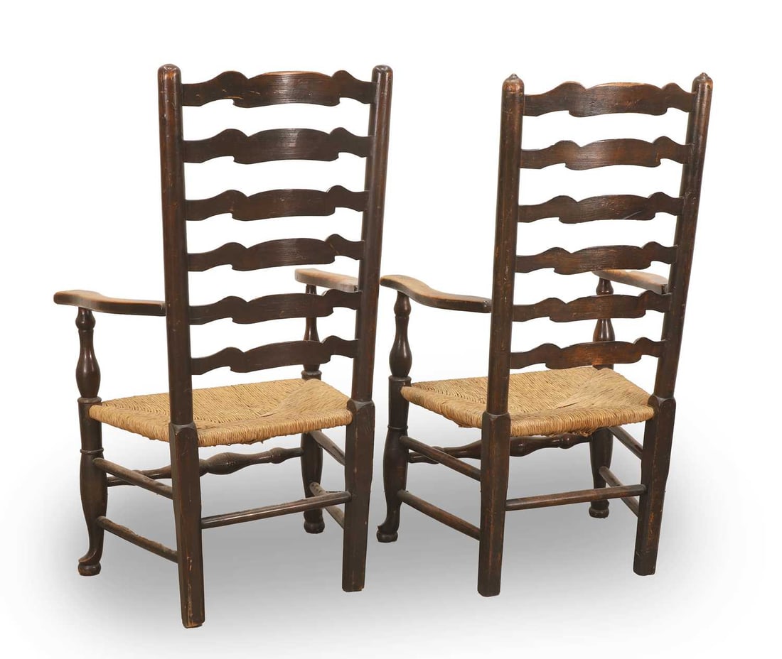 Two Lancashire oak ladderback elbow armchairs, 19th century, - 2
