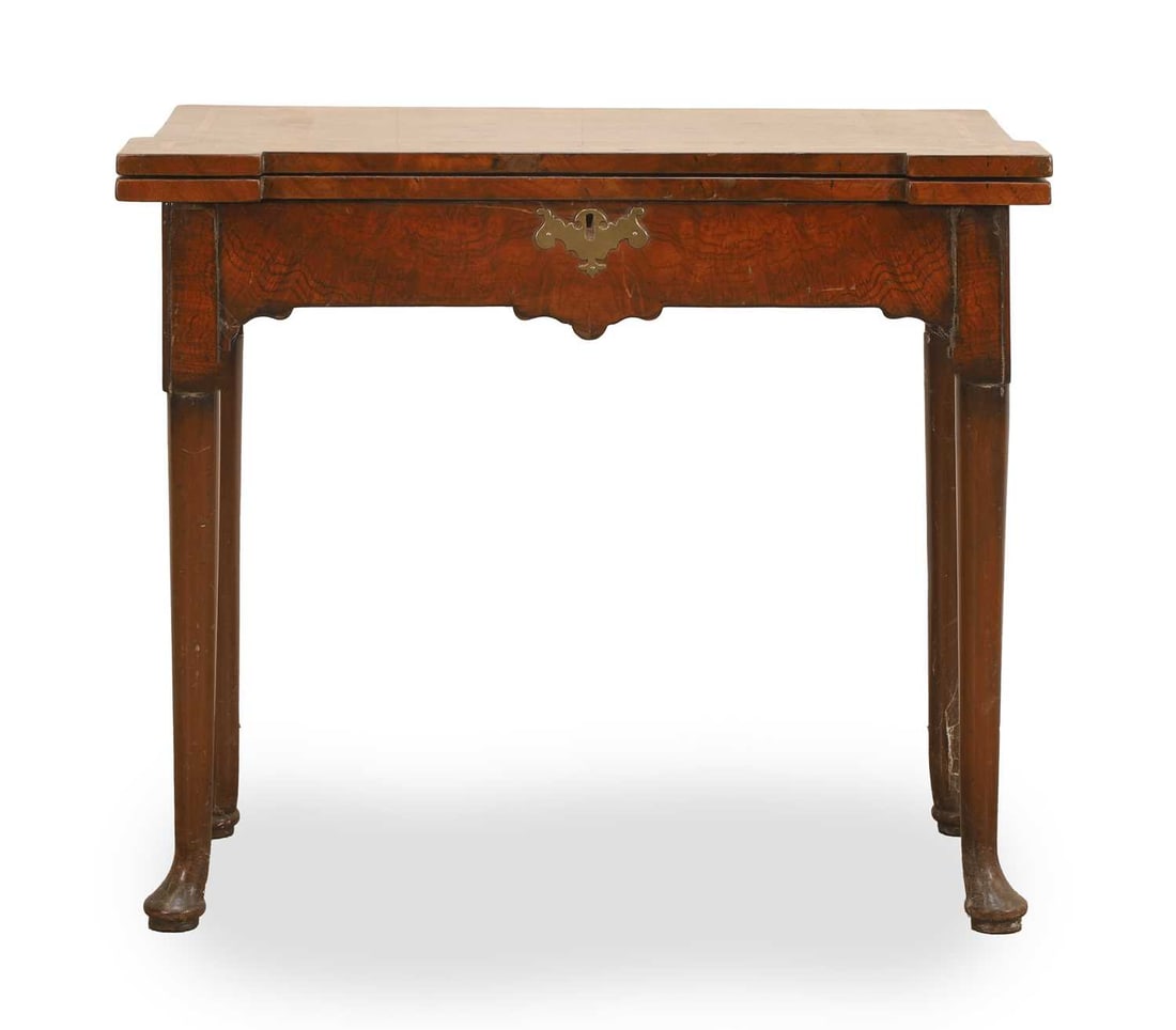 A burr walnut and feather banded fold over tea table, 18th century (1 of 3)