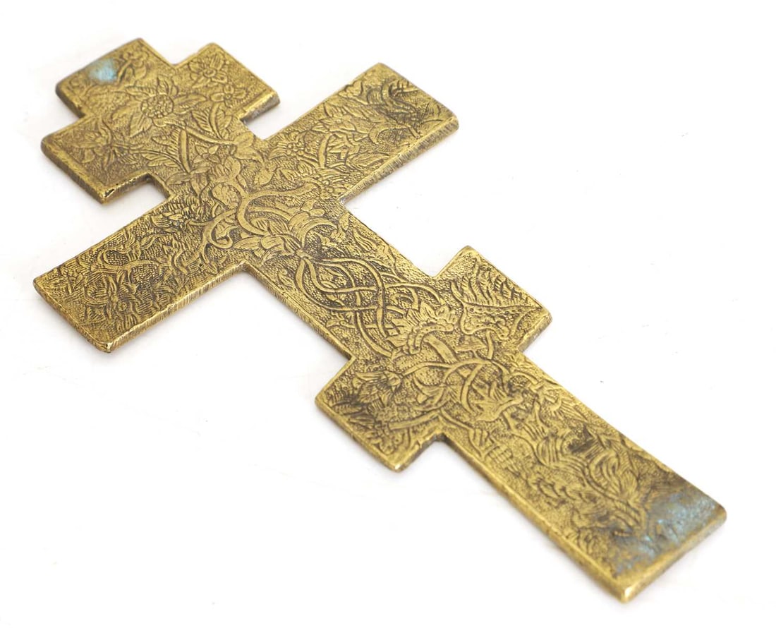 A bronze and enamelled Russian Orthodox cross, 19th century, - 2