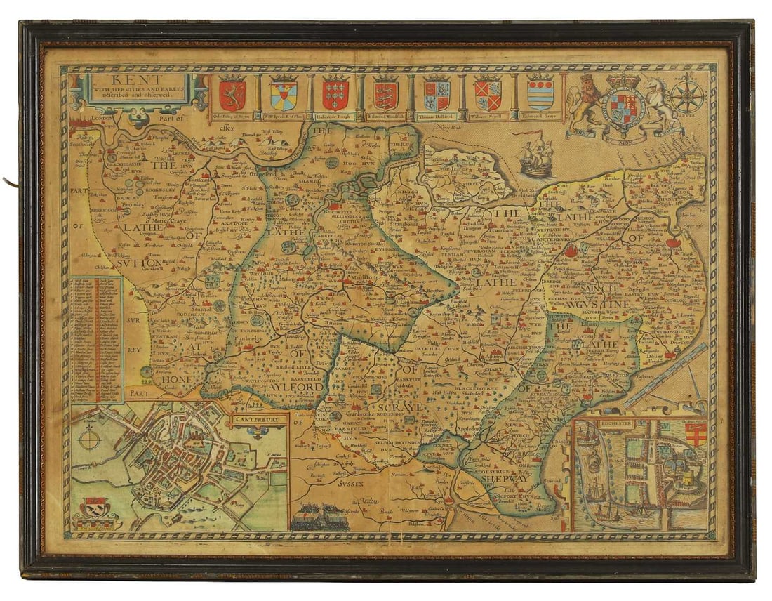 SPEED, John: Kent with her Cities and Earles described and observed.: SPEED, John: Kent with her Cities and Earles described and observed. Hand coloured, mounted, framed & glazed on both sides, 40 x 52.5cm, overall 44 x 56cm