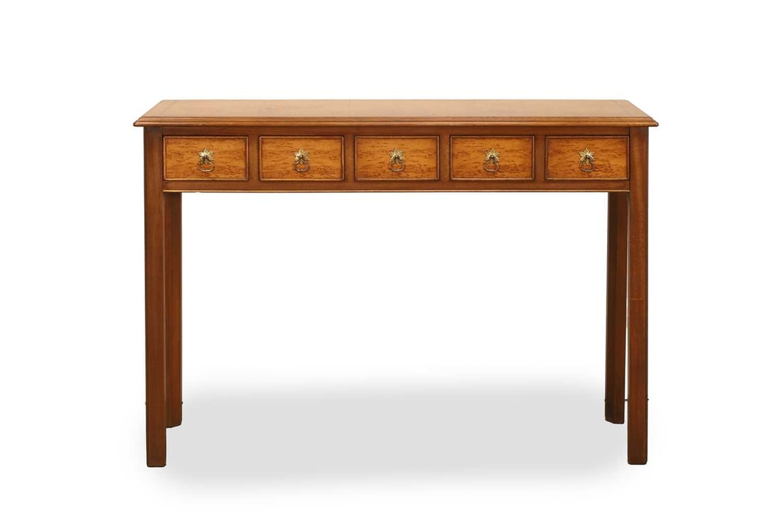 A modern burrwood hall table, 20th century,: A modern burrwood hall table, 20th century, with five small drawers, with brass floral-shaped escutcheons, on square legs 106cm wide, 29.5cm deep, 76cm high
