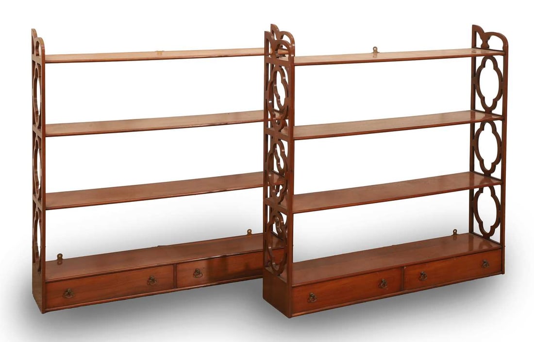 A pair of fruitwood Regency style hanging wall shelves, 20th century, (1 of 2)