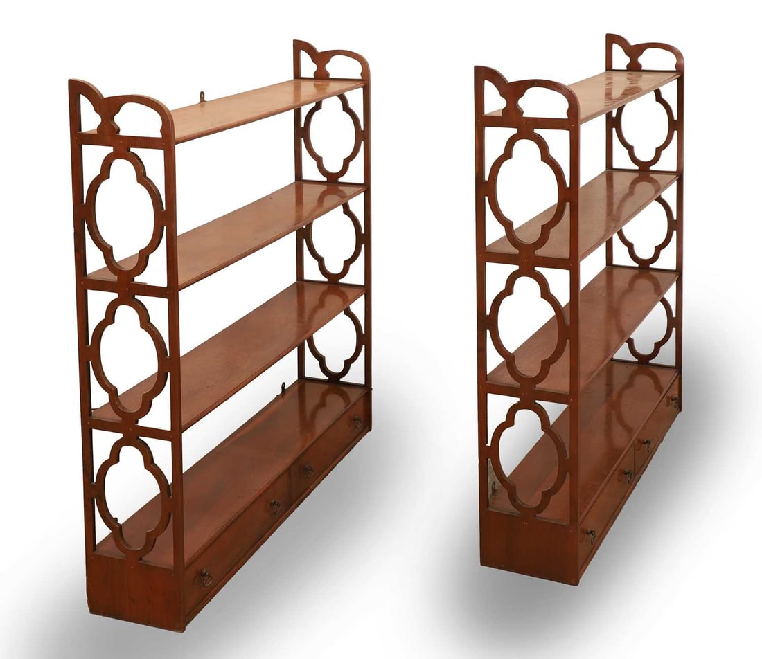 A pair of fruitwood Regency style hanging wall shelves, 20th century, - 2