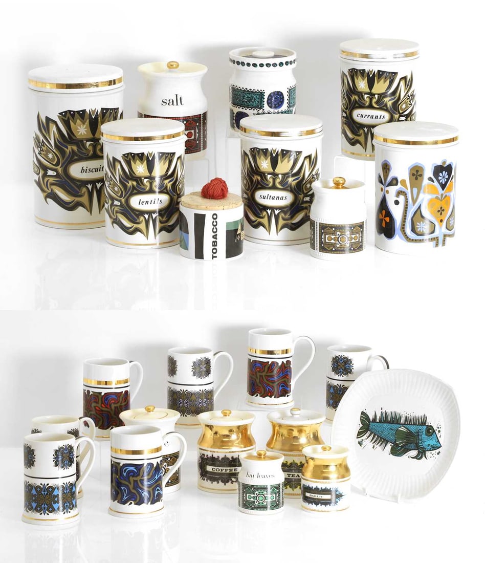 A collection of Robert Stewart pottery pieces, 1970s: A collection of Robert Stewart pottery pieces, 1970s to include cannisters for tea, coffee, bay leaves, garlic, salt, rice, currants, lentils, biscuits, sultanas, tobacco, together with a group of