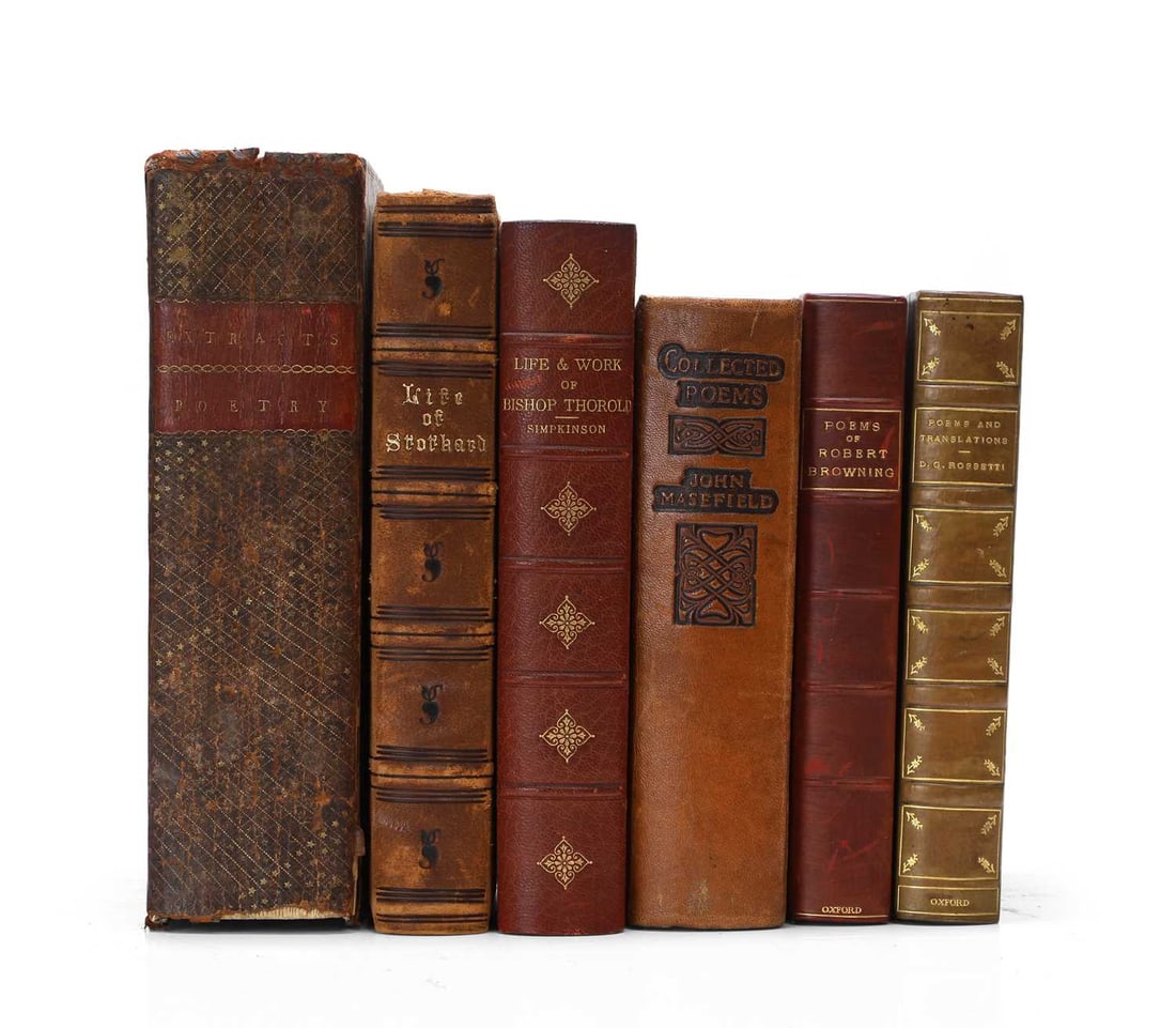 FINE BINGINGS: 1- Browning, R: Poems.: FINE BINGINGS: 1- Browning, R: Poems. 1913. Half leather, top edges gilt; 2- Rossetti, DG: Poems & translations.1913; Half leather, top edges gilt; 3- Masefield, J: Collected poems. 1927. Full lea