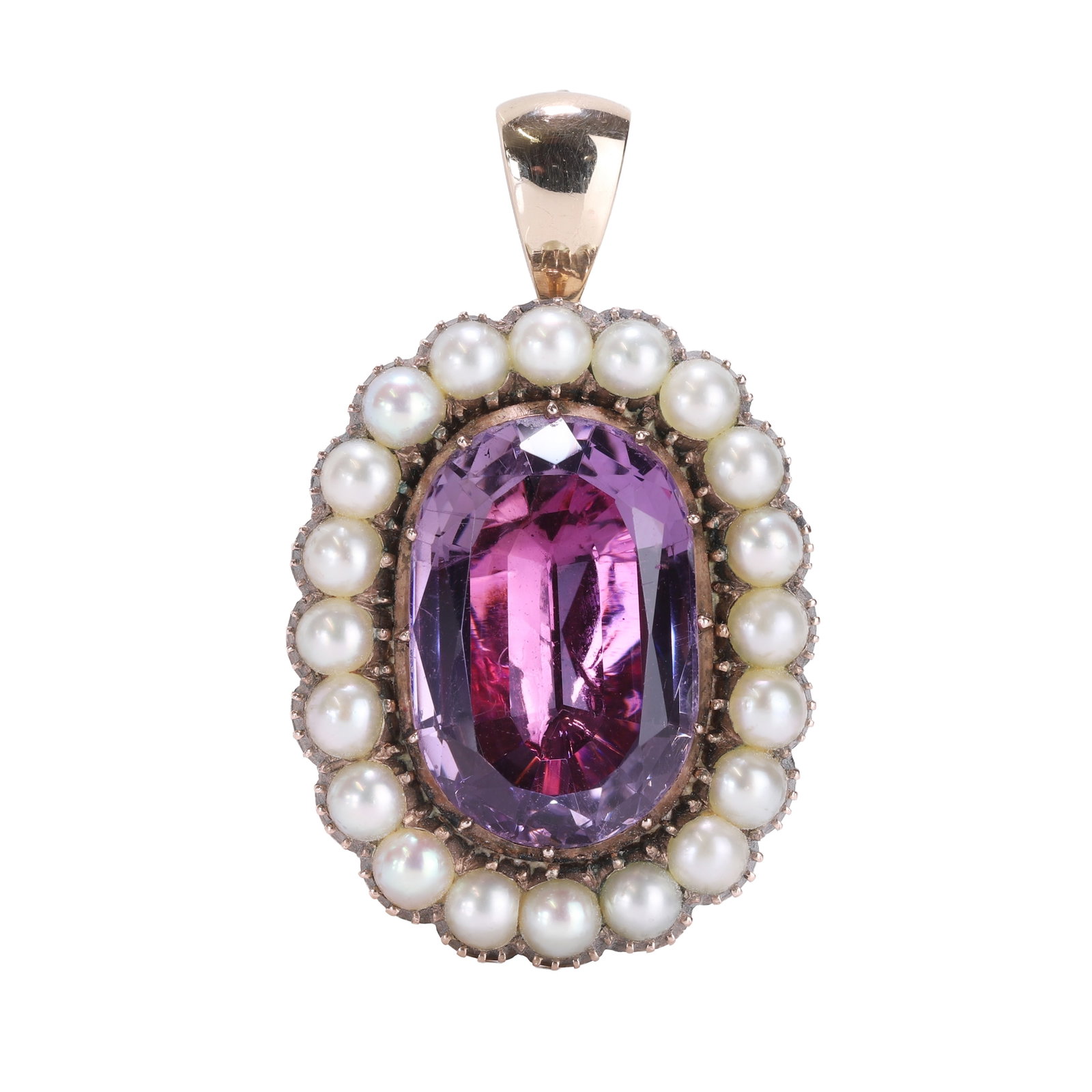 A large antique pearl and amethyst pendant,: A large antique pearl and amethyst pendant, the oval shaped foiled amethyst, claw set within a split pearl surround and closed back, the solid bale hinged with an additional suspension hook. Unmarked 
