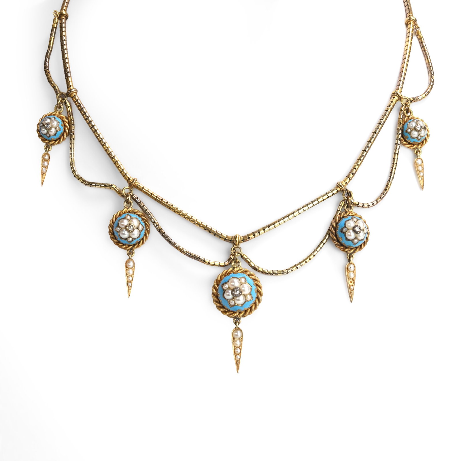 A Victorian blue enamel and seed pearl necklace,: A Victorian blue enamel and seed pearl necklace, consisting of five domed motifs, graduating in size and bordered by a rope twist wire, enamelled in blue and surmounted with a cluster of seed pearls w