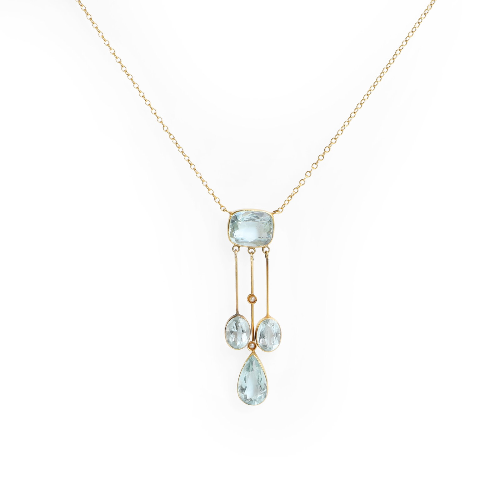 An aquamarine pendant necklace,: An aquamarine pendant necklace, designed as a central bezel set cushion shaped aquamarine to a trace link chain, suspending three knife edge bars, one set with two split pearls and culminating in a pe