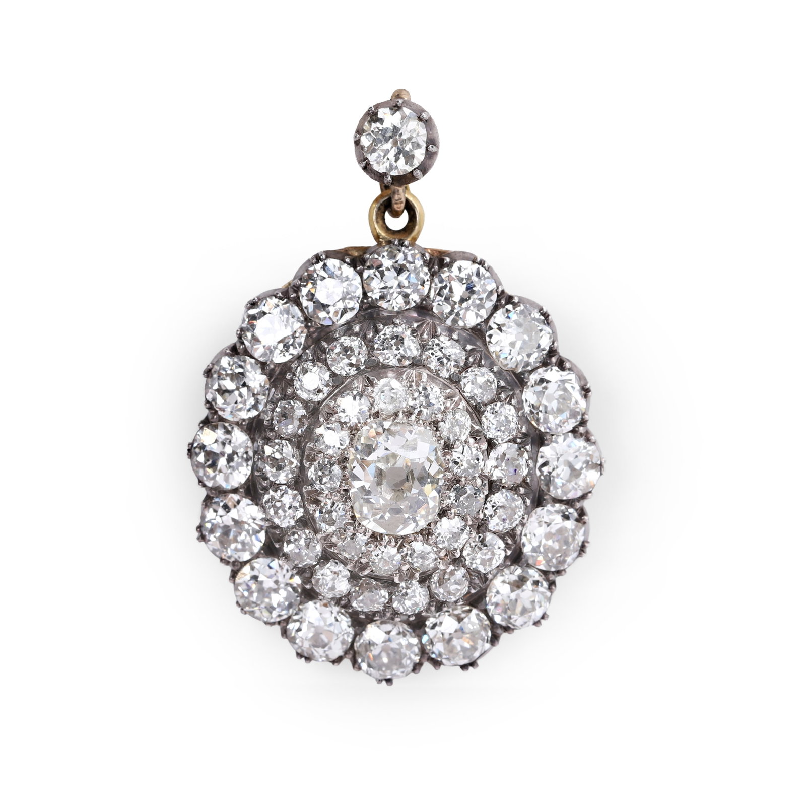 A Victorian diamond cluster pendant,: A Victorian diamond cluster pendant, designed as an old mine cut diamond within a three-tier surround of old cut diamonds of graduating size, all in silver cut-down settings to a gold backing with