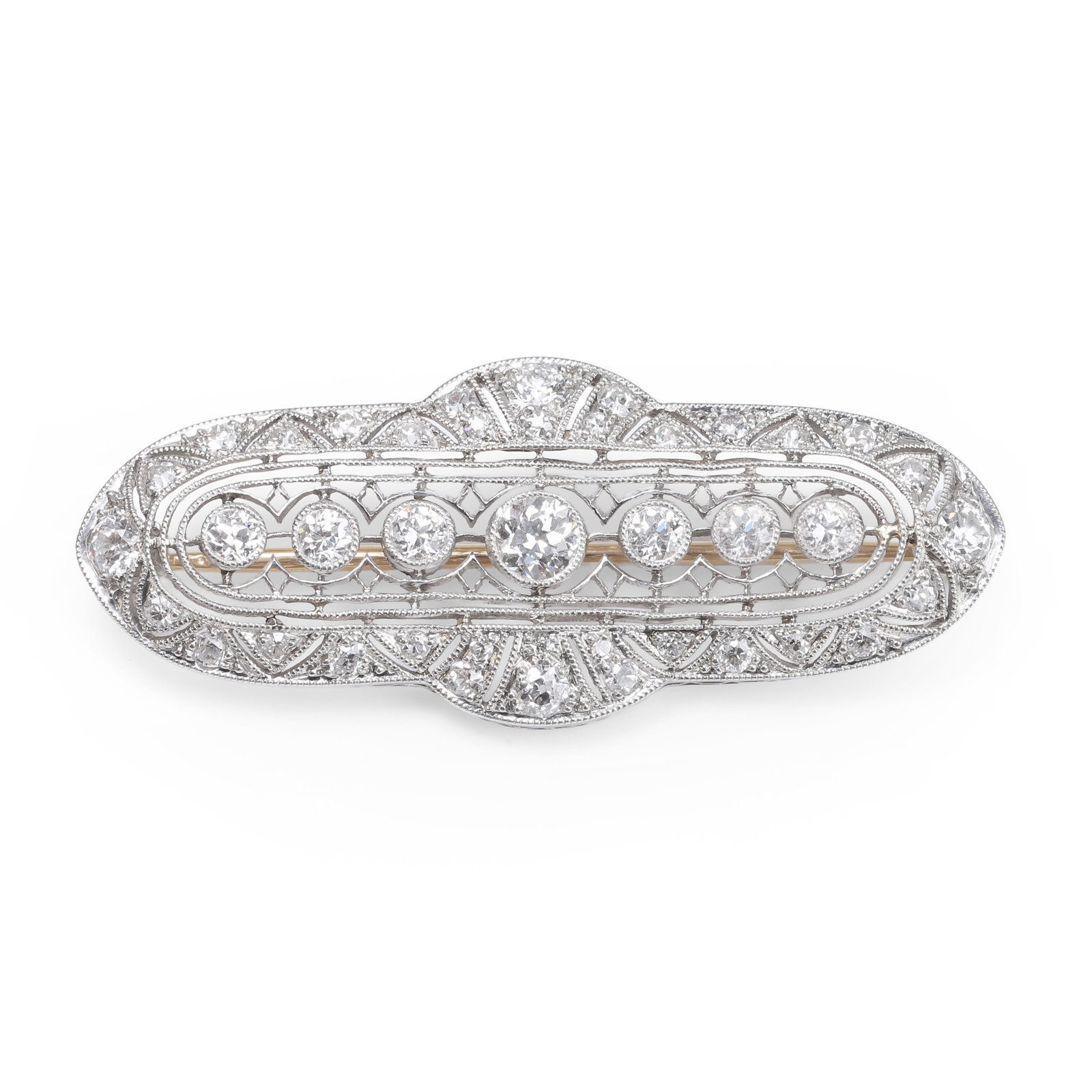 J.E. Caldwell & Co, a Belle Époque diamond plaque brooch,: J.E. Caldwell & Co, a Belle Époque diamond plaque brooch, the openwork plaque set with a central row of collet-set old European cut diamonds, within a pierced border further set with old eight cu