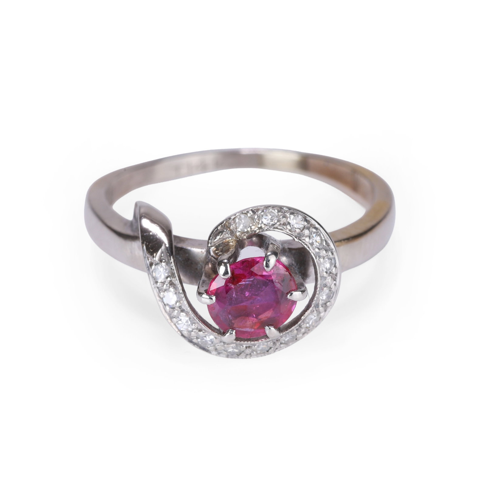 A ruby and diamond cluster ring,: A ruby and diamond cluster ring, six claw set to the centre with a round cut ruby, to a wraparound surround grain set with eight cut diamonds, into tapered shoulders and a 'D' profile shank, stamped 1