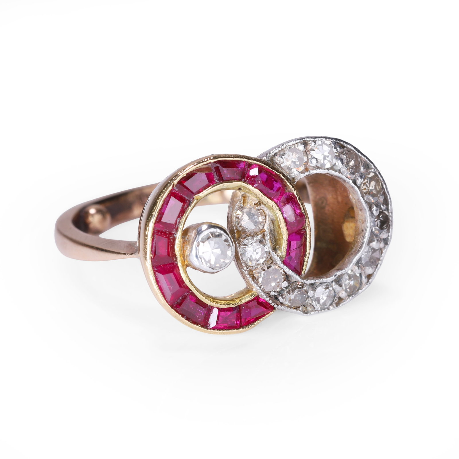 A ruby and diamond interlocking circle ring, - 2