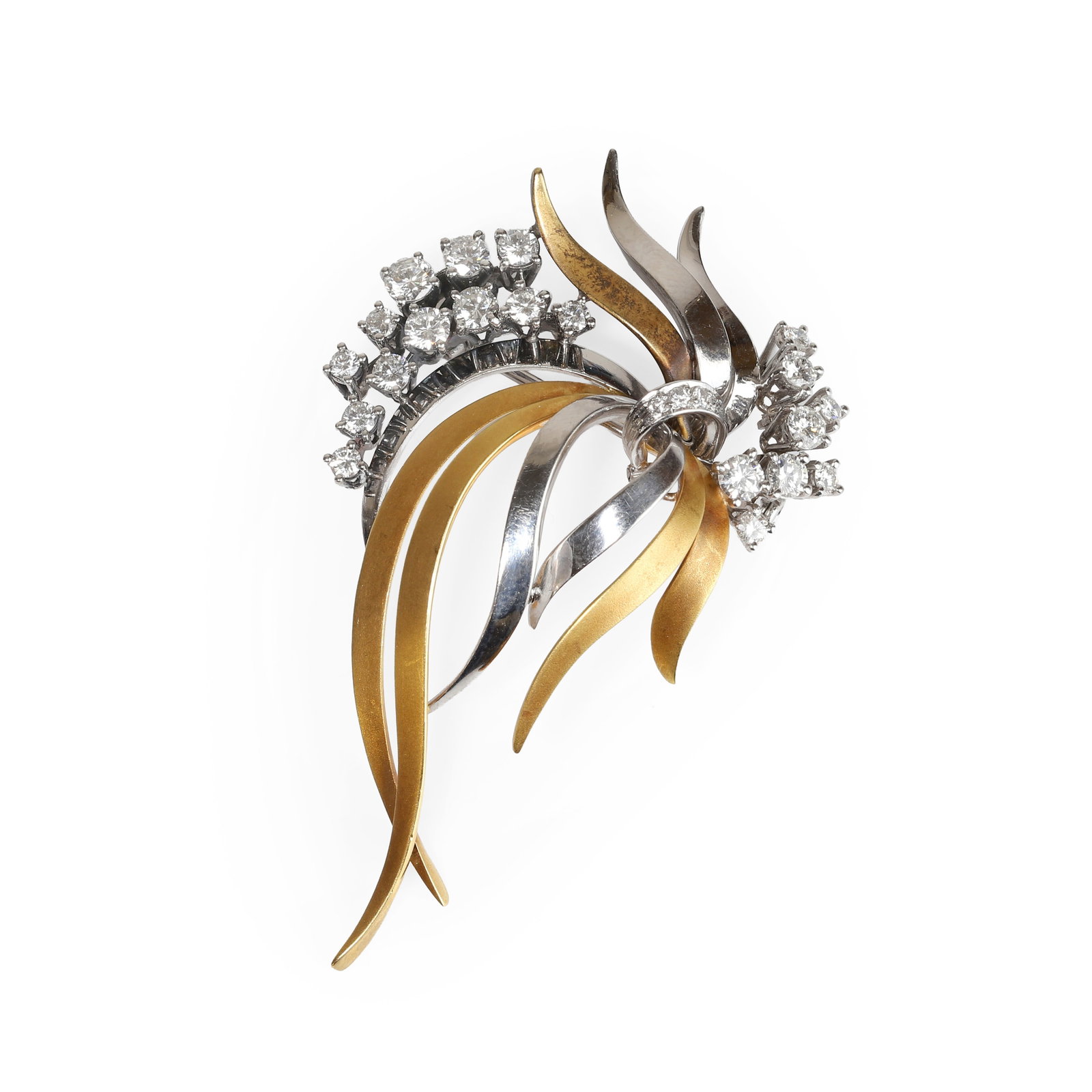 A two-tone gold diamond spray brooch,: A two-tone gold diamond spray brooch, composed of satin finished white and yellow gold ribbons in free form, bound by a diamond set band and embellished with two further sections set with round