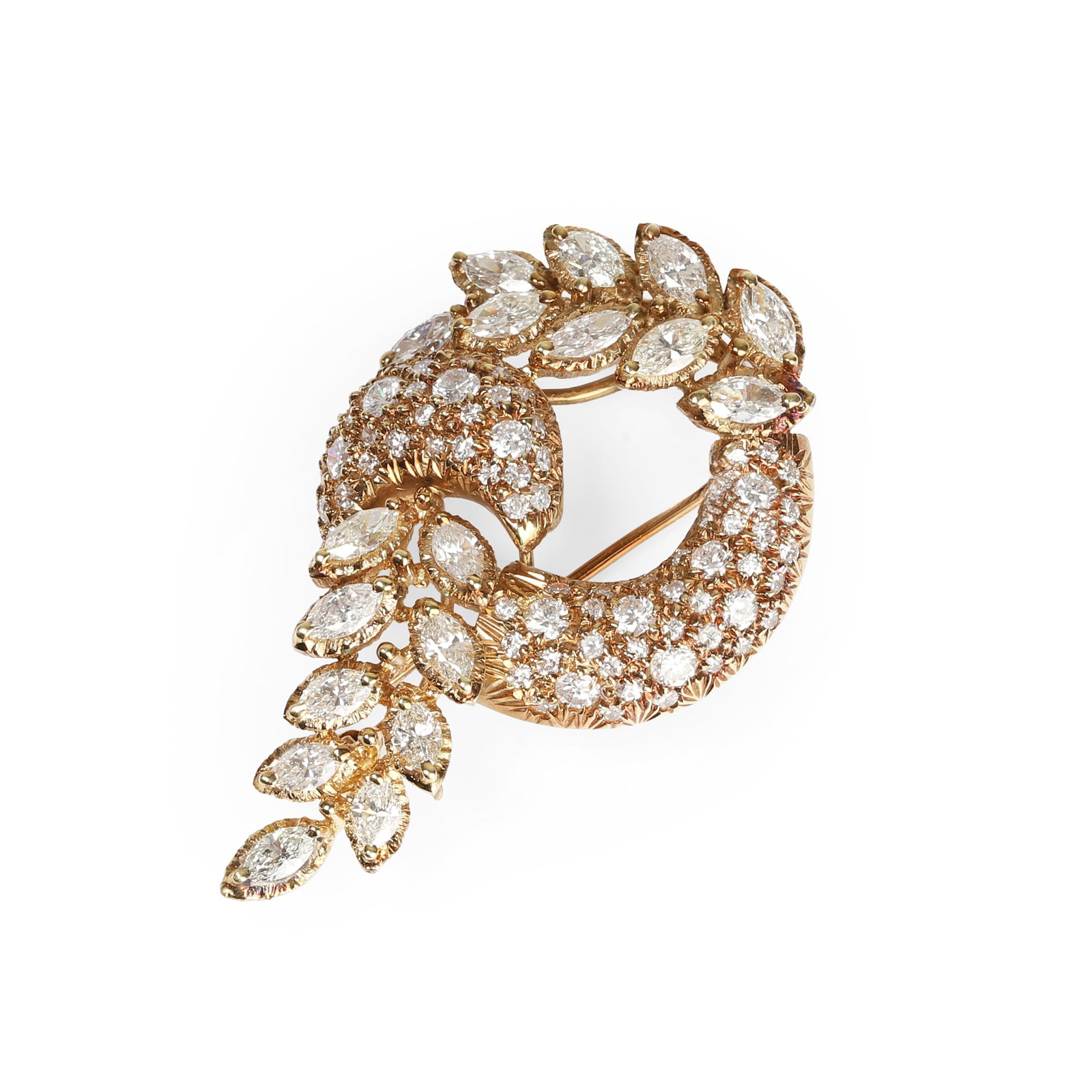 A diamond scroll wreath design brooch,: A diamond scroll wreath design brooch, of circular form with open centre and diamond pavé set scroll terminating in marquise diamonds, stamped 750, tested as approximately 18ct gold (Height