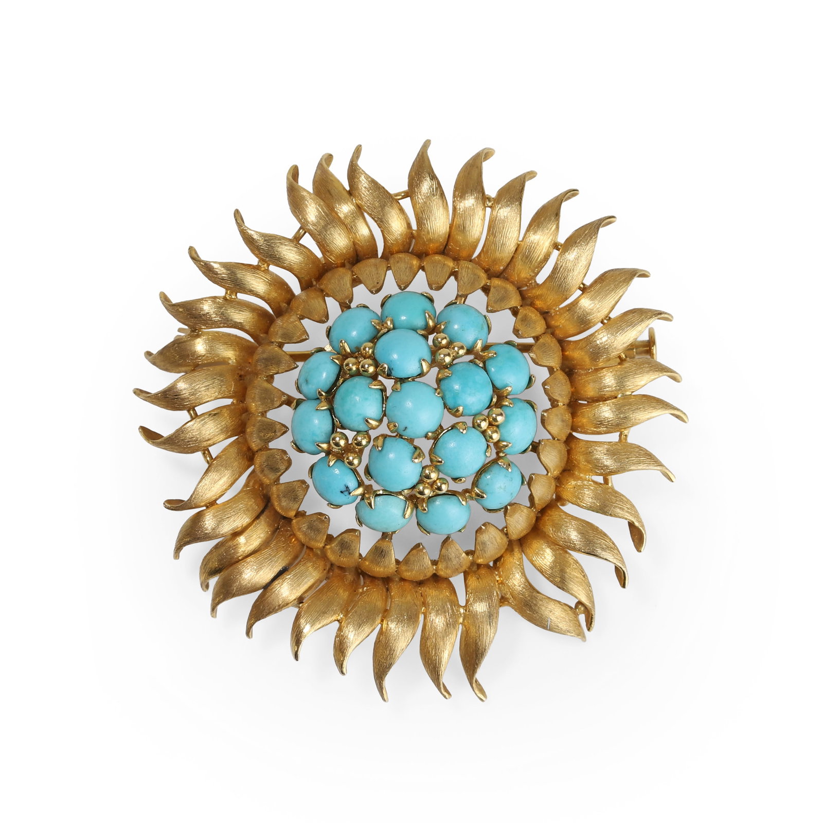 A turquoise sunflower brooch,: A turquoise sunflower brooch, with a double row cluster of grain set cabochon turquoise to the central raised dome and radiating textured petals, with hinged pin and trombone catch, unmarked, stamped 