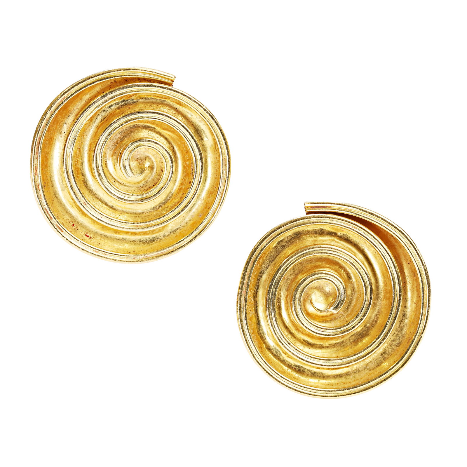 Lalaounis, a pair of 18ct gold clip-on earrings,: Lalaounis, a pair of 18ct gold clip-on earrings, of spiralling design, to clip-on backs, stamped 750 Greece, maker's mark, London import hallmark 1989 (Diameter 3.5cm; 27g) Condition Report: Surface s