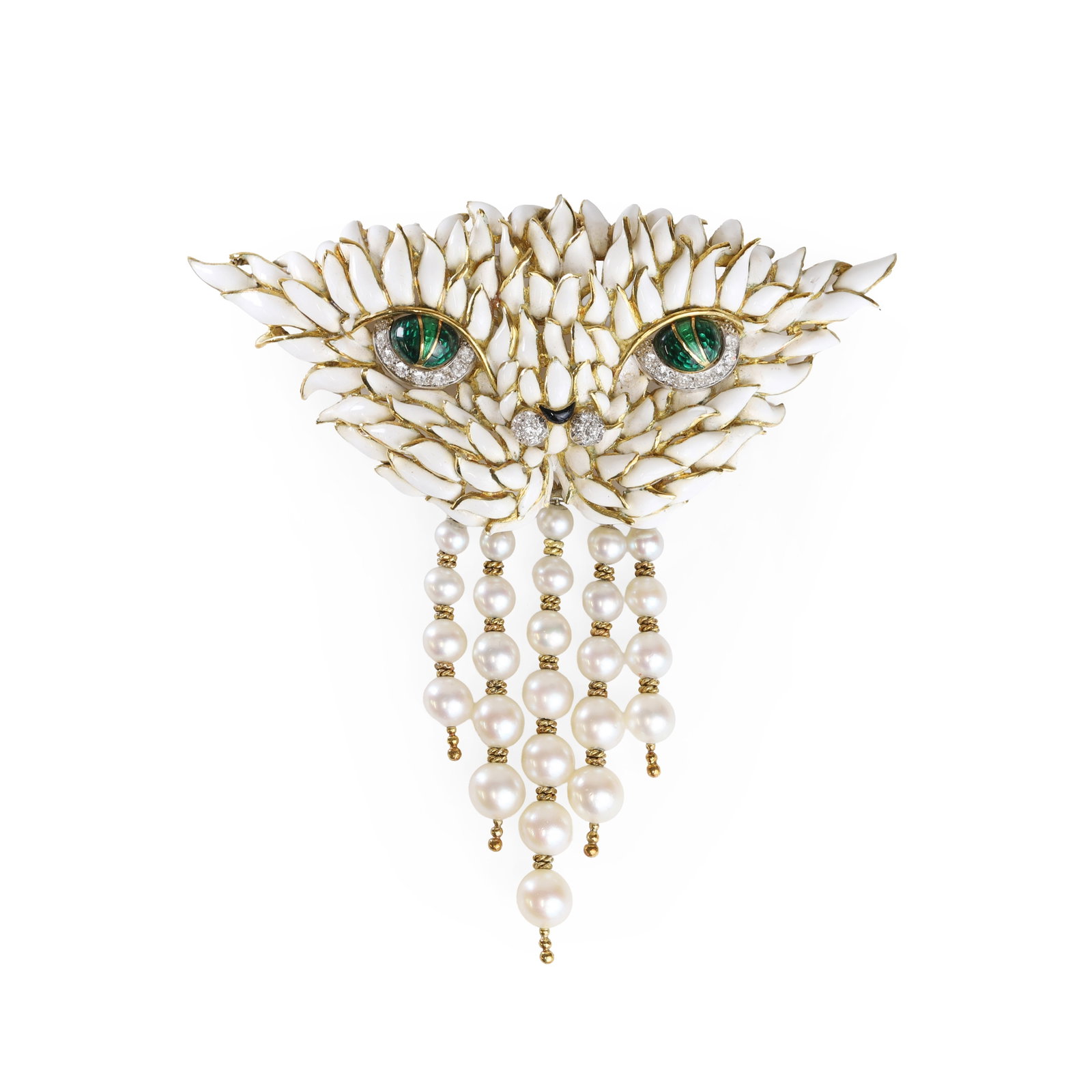 Lunati, a diamond polychrome enamel and cultured pearl brooch,: Lunati, a diamond polychrome enamel and cultured pearl brooch, designed as a white enamel cat mask with green enamel and round brilliant cut diamonds eyes, enhanced by a full cut and single cut diamon