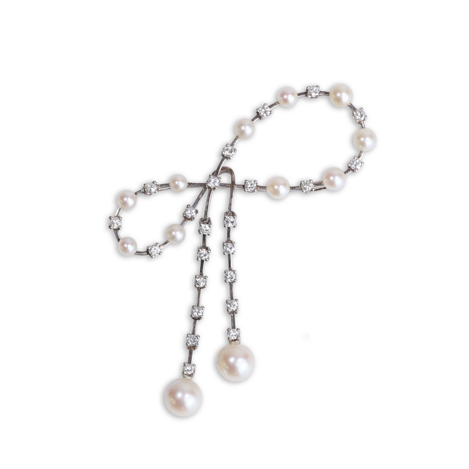 A diamond and pearl bow brooch,: A diamond and pearl bow brooch, of open form with knife edge wire set alternately with pearls, untested, and round brilliant cut diamonds, with articulated drops set with round brilliant cut diamonds 