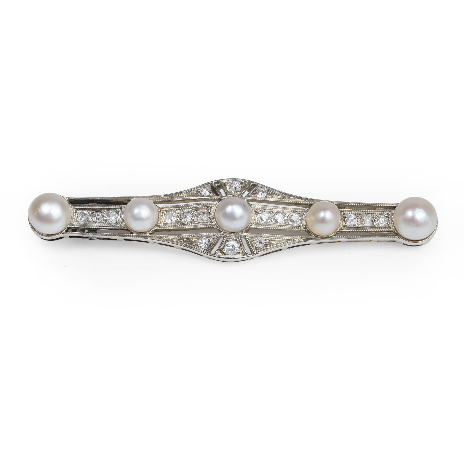 An pearl and diamond bar brooch,: An pearl and diamond bar brooch, the openwork frame decorated with five cultured pearls, untested, and millegrain set with old European cut diamonds, to a pierced gallery and hinged pin and hook clasp