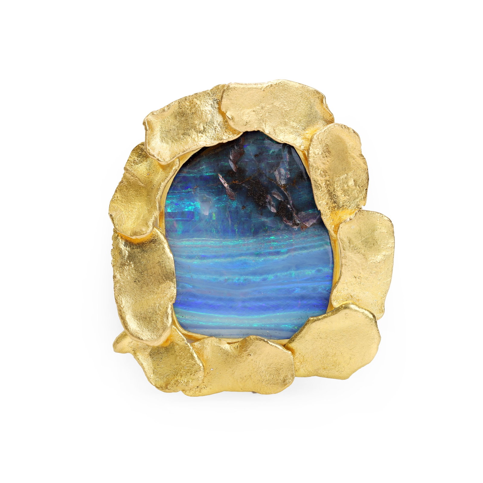 Polly Gasston, a 22ct gold and boulder opal 'Gold Flakes' brooch,: Polly Gasston, a 22ct gold and boulder opal 'Gold Flakes' brooch, the free form boulder opal set within a surround of overlapping textured gold flakes, to pin and trombone clasp fittings, maker's mark
