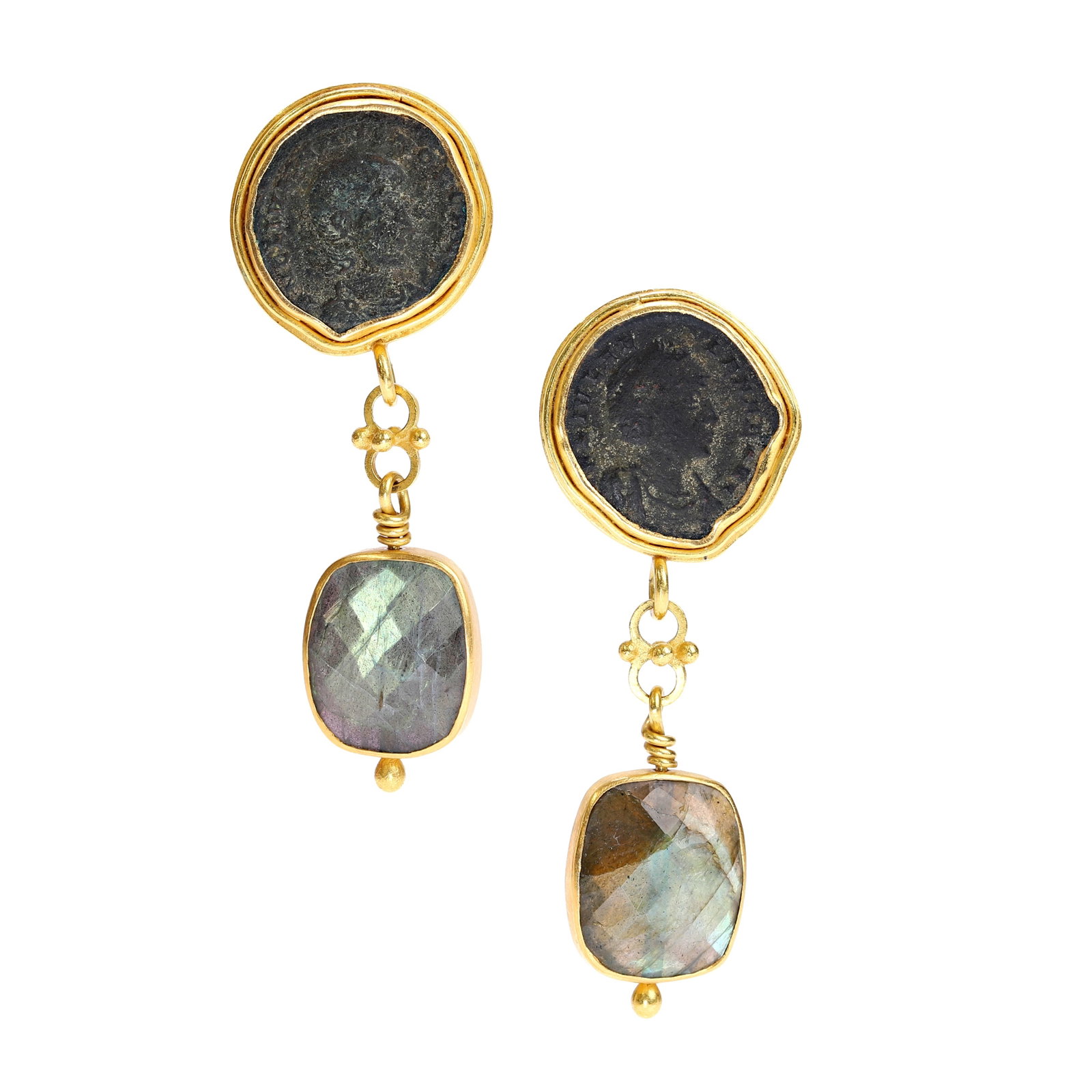 Polly Gasston, a pair of 22ct gold gemstone set coin earrings,: Polly Gasston, a pair of 22ct gold gemstone set coin earrings, each surmounted by a bronze Roman coin set within a free from surround, to a figure of eight link connection, leading to an articulated c