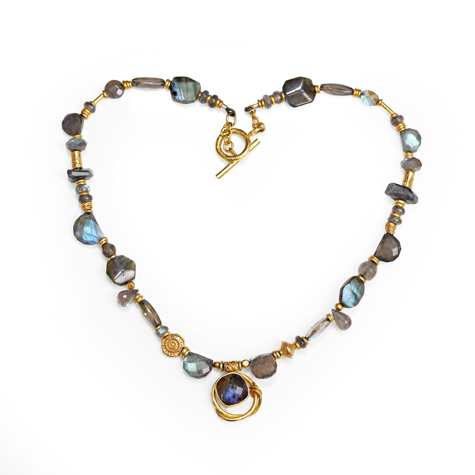 Polly Gasston, a 22ct gold and labradorite bead necklace,: Polly Gasston, a 22ct gold and labradorite bead necklace, composed of vari-shaped faceted labradorite beads and sets of textured gold spacers and rondels, suspending a central checkerboard cut labrado