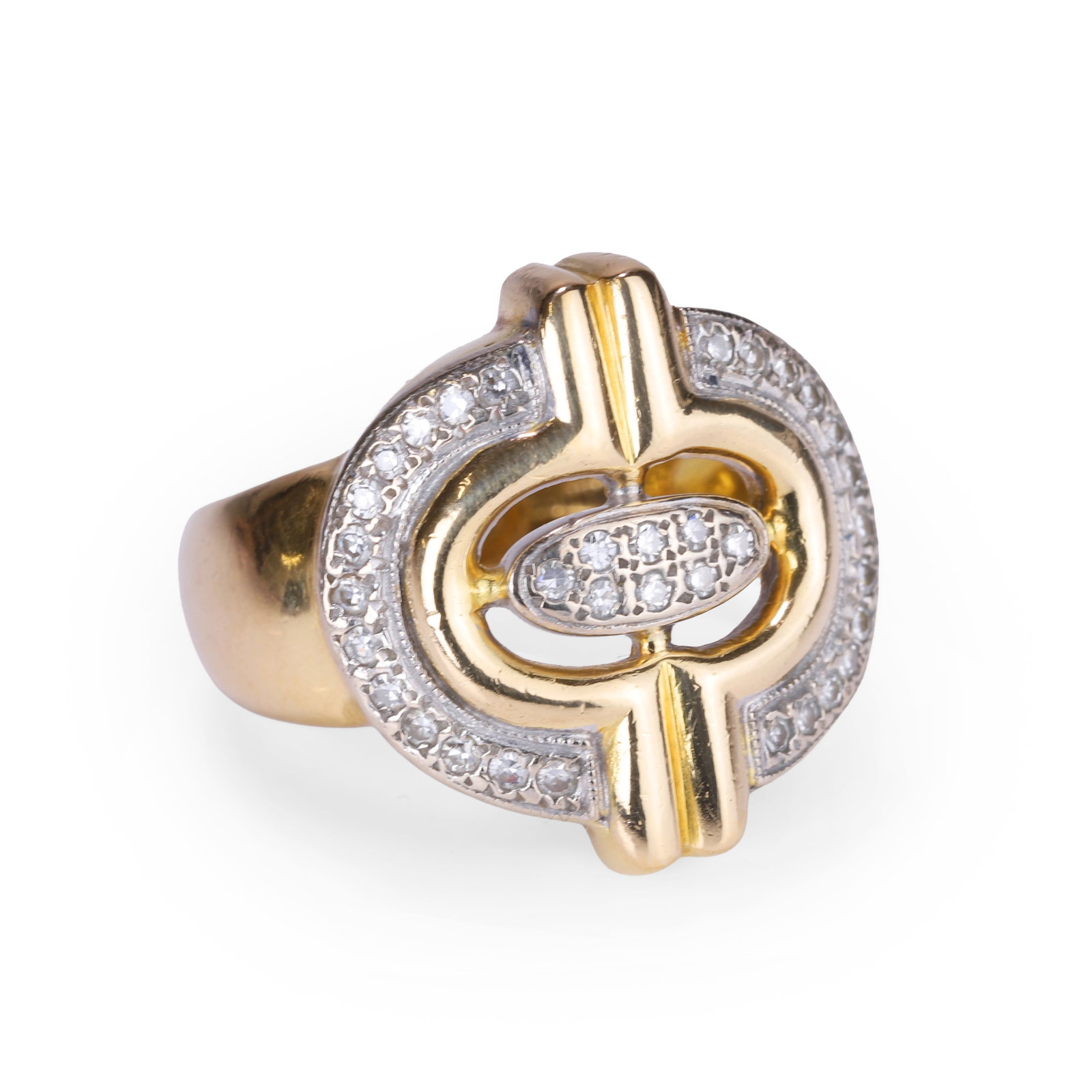 A diamond dress ring,: A diamond dress ring, the pierced yellow mount faced in white and grain set with eight cut diamonds, into tapered hollowed shoulders and a 'D' section shank, stamped 18ct, tested as approximately 18ct