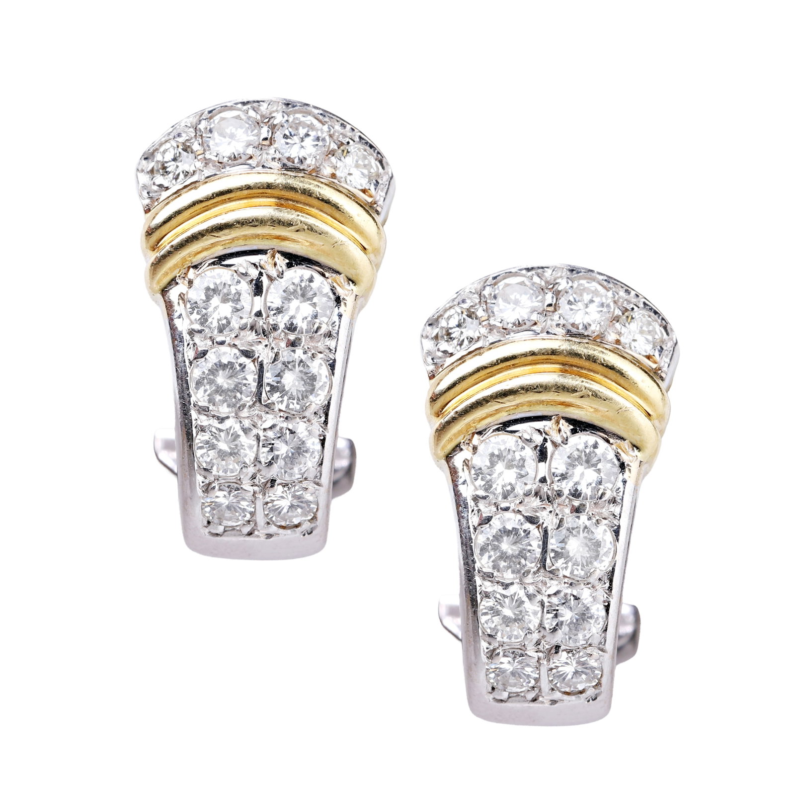 A pair of 18ct white gold diamond cuff earrings,: A pair of 18ct white gold diamond cuff earrings, grain set with round brilliant cut diamonds in white gold, total approximate weight 0.22ct, with gold bar detail to a hinged pin and clip fitting. Hall