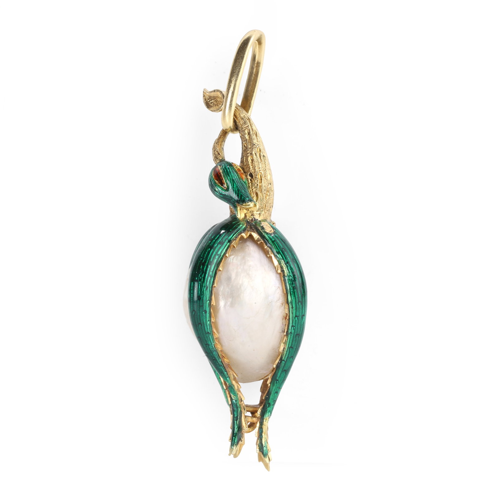 A blister pearl and enamel pendant,: A blister pearl and enamel pendant, the drop shaped blister pearl caged by four enamelled arms, raising to an organic, textured bale with twist terminating in a leaf and enamelled seed pod. Unmarked, 