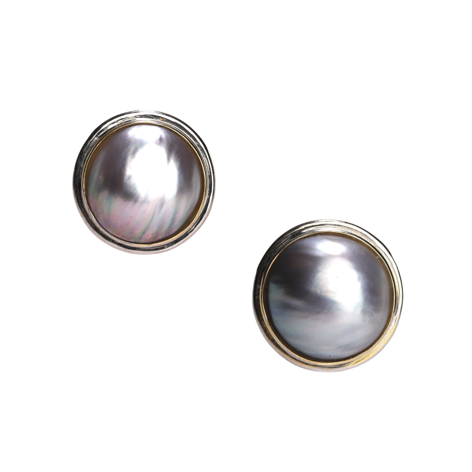 A pair of Mabe pearl stud earrings,: A pair of Mabe pearl stud earrings, each featuring a round Mabe pearl of silver tone in a rubover surround, to post and butterfly fittings. Mounted in white metal stamped 18k, 750 (Diameter 1.7cm; 7.0