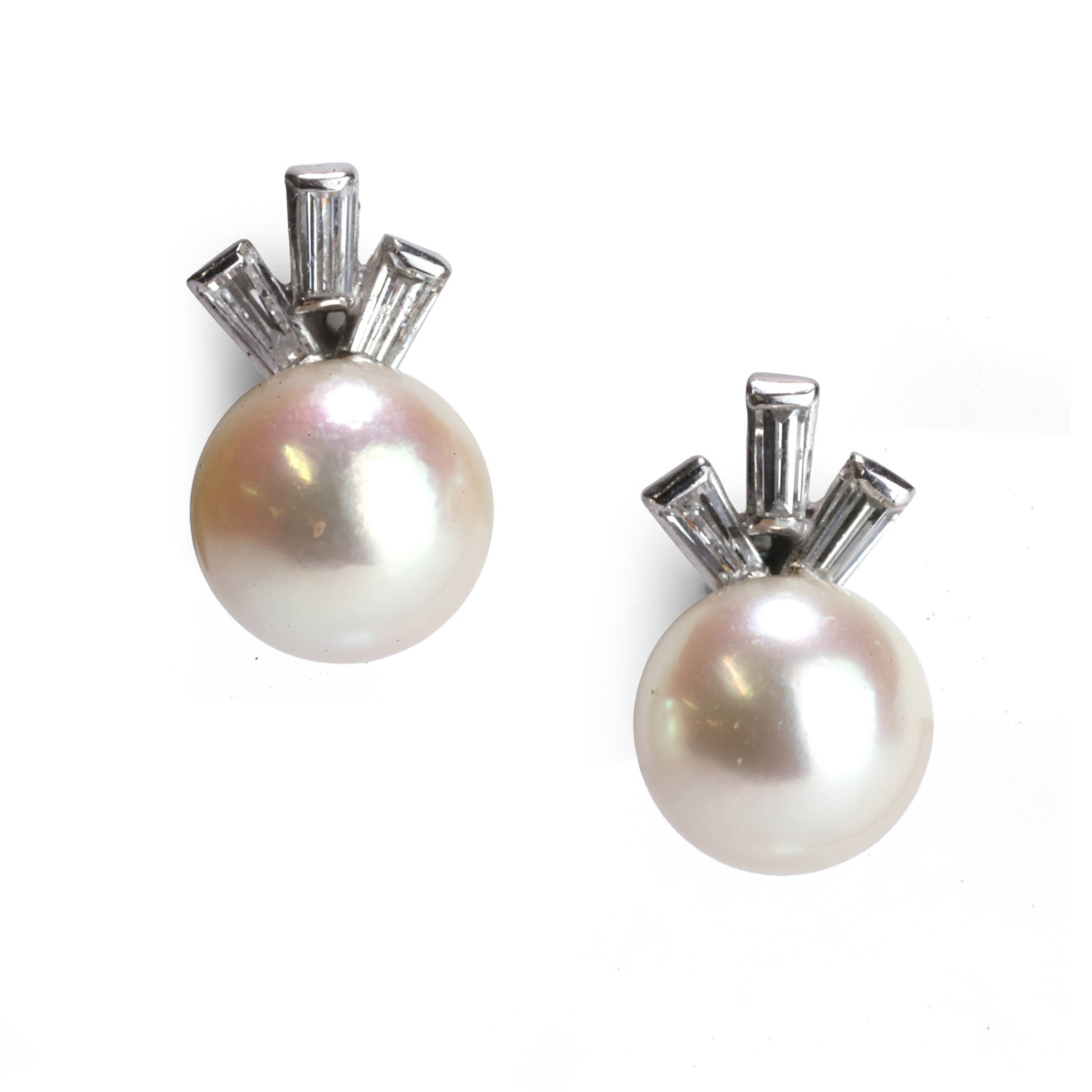 A pair of cultured pearl and diamond earrings,: A pair of cultured pearl and diamond earrings, the cultured pearls mounted with a trefoil of baguette diamonds to a pin and butterfly fitting, stamped 750 and tested as approximately 18ct white gold (