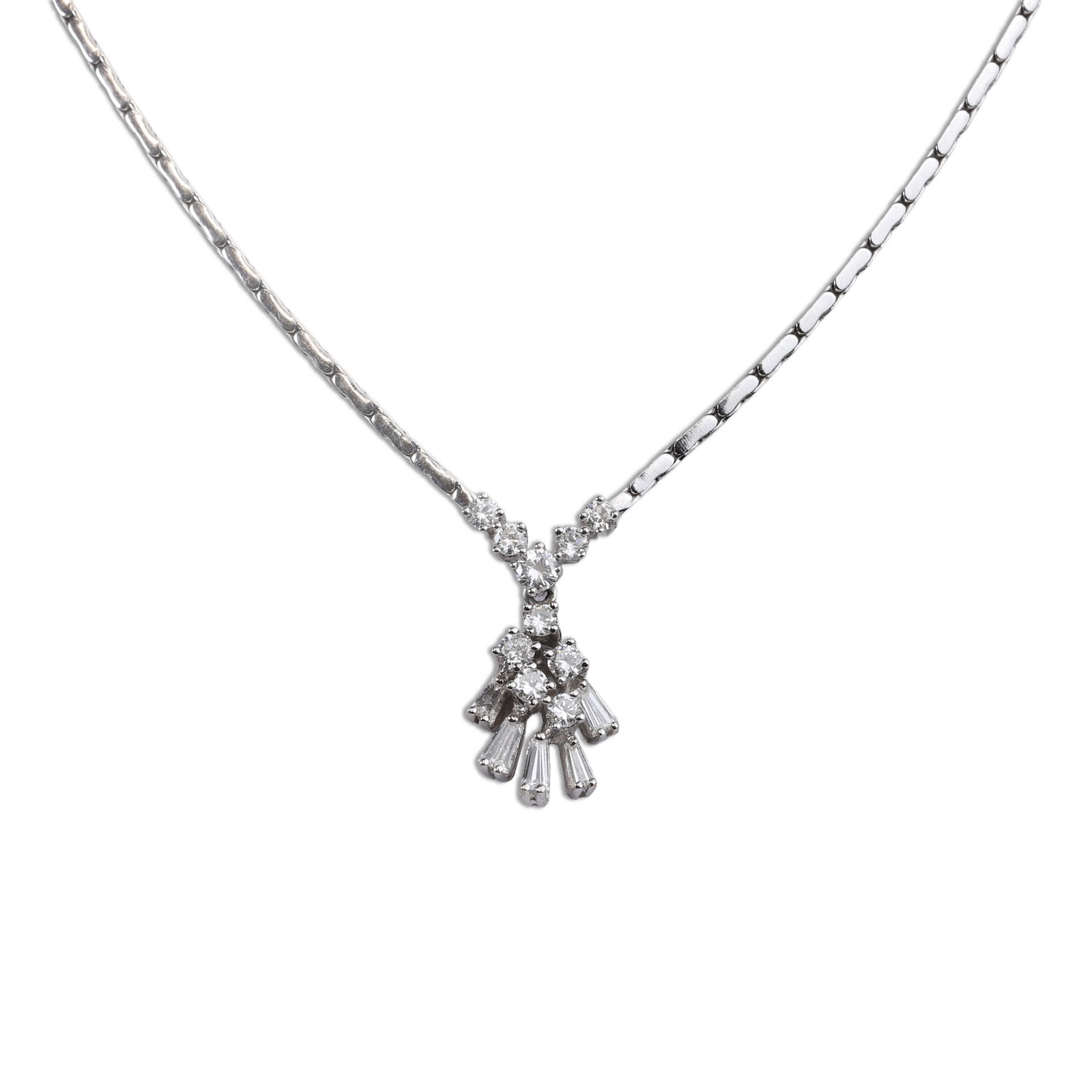 A diamond pendant necklace,: A diamond pendant necklace, the centrepiece of spray cluster design, claw set with round brilliant cut and baguette cut diamonds, to a flexible link necklace, stamped 750 and testing as approximately 