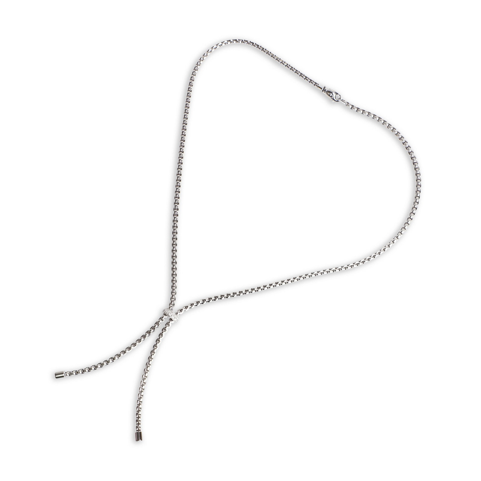 Fope, an 18ct white gold diamond 'Eka' lariat necklace,: Fope, an 18ct white gold diamond 'Eka' lariat necklace, designed as a flexible link chain accented with a pavé diamond motif, suspending two tassel drops. Signed Fope, marked 750, Italian assay m
