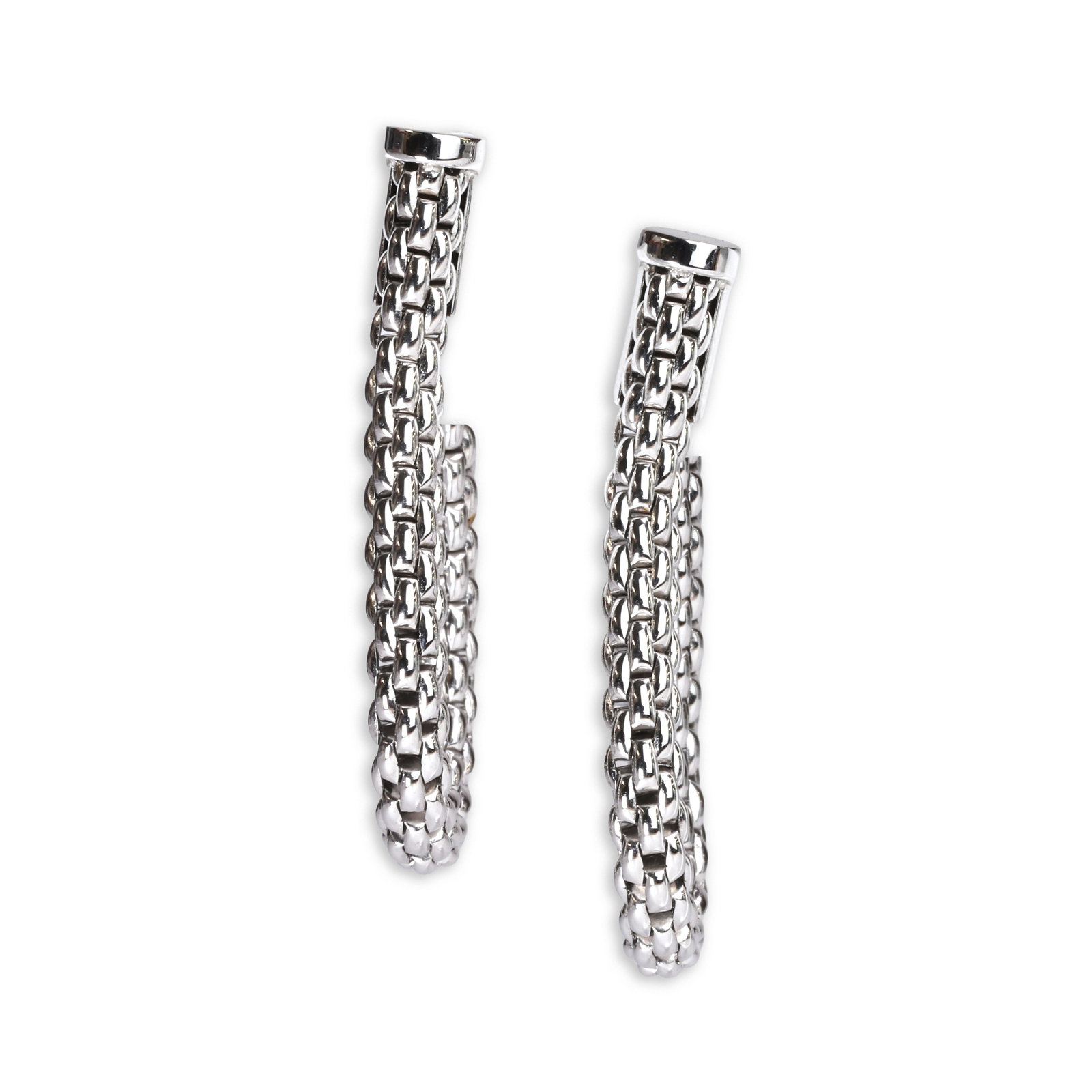 Fope, a pair of 18ct white gold 'Essential Flex'it' hoop earrings,: Fope, a pair of 18ct white gold 'Essential Flex'it' hoop earrings, of teardrop form, composed of a mesh chain to post fittings, signed Fope, 750, Italian assay mark, Made in Italy / 25, with maker's c