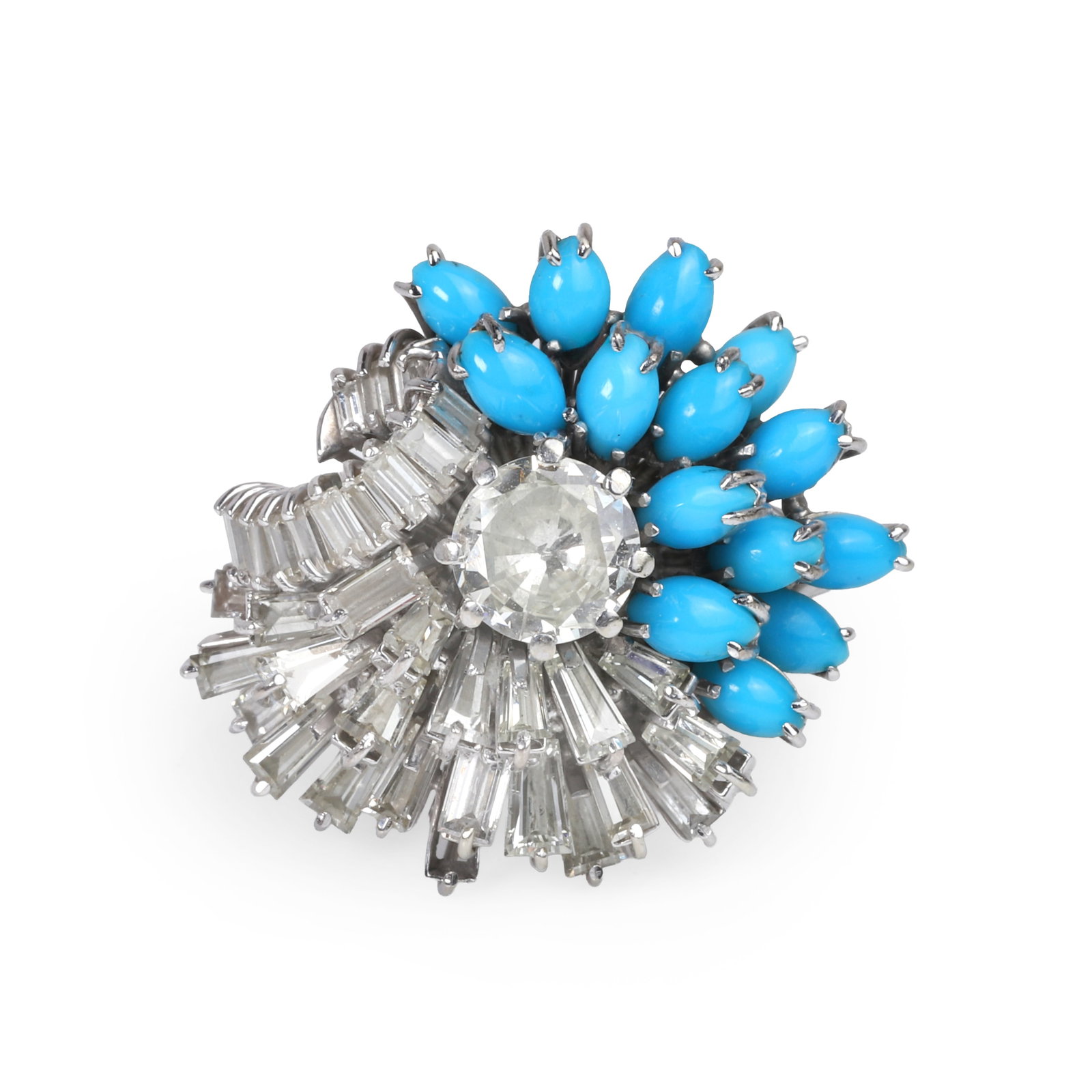 A diamond and turquoise cocktail ring,: A diamond and turquoise cocktail ring, centring on a round cut diamond framed asymmetrically by graduated tapered baguette diamonds, one baguette diamond deficient, on one side and a navette-shaped tu
