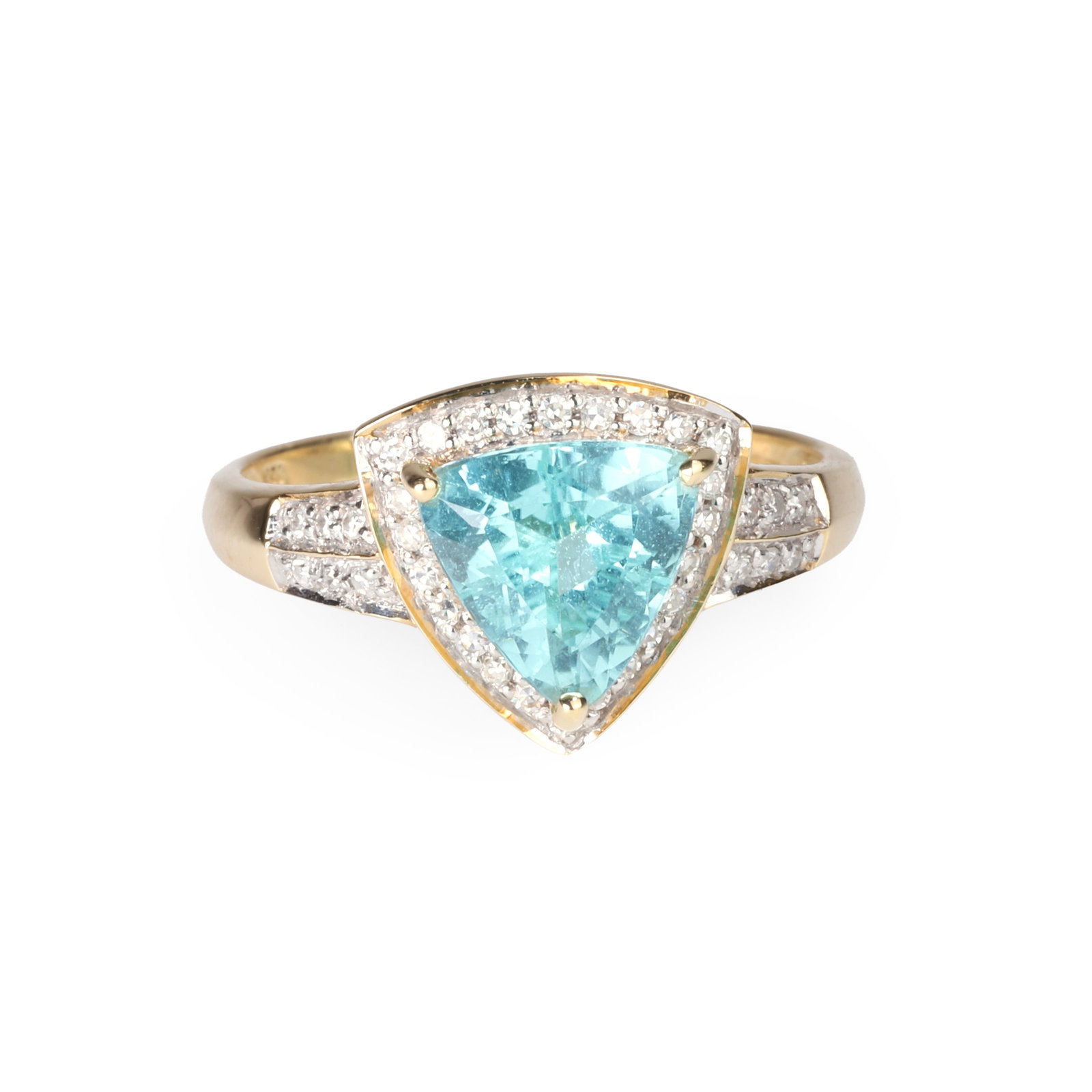 An 18ct gold tourmaline and diamond ring,: An 18ct gold tourmaline and diamond ring, the triangular shaped blue tourmaline claw set to a galleried mount and surrounded by a halo of eight cut diamonds, to a tapered band with a double row accent