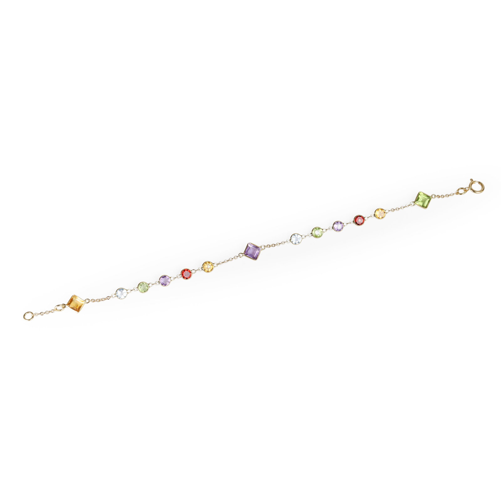 A multi-gemstone set bracelet,: A multi-gemstone set bracelet, spectacle set with a single line of varicoloured round cut gemstones, including amethyst, citrine, garnet, peridot, and topaz, all spaced by a square cut peridot, amethy