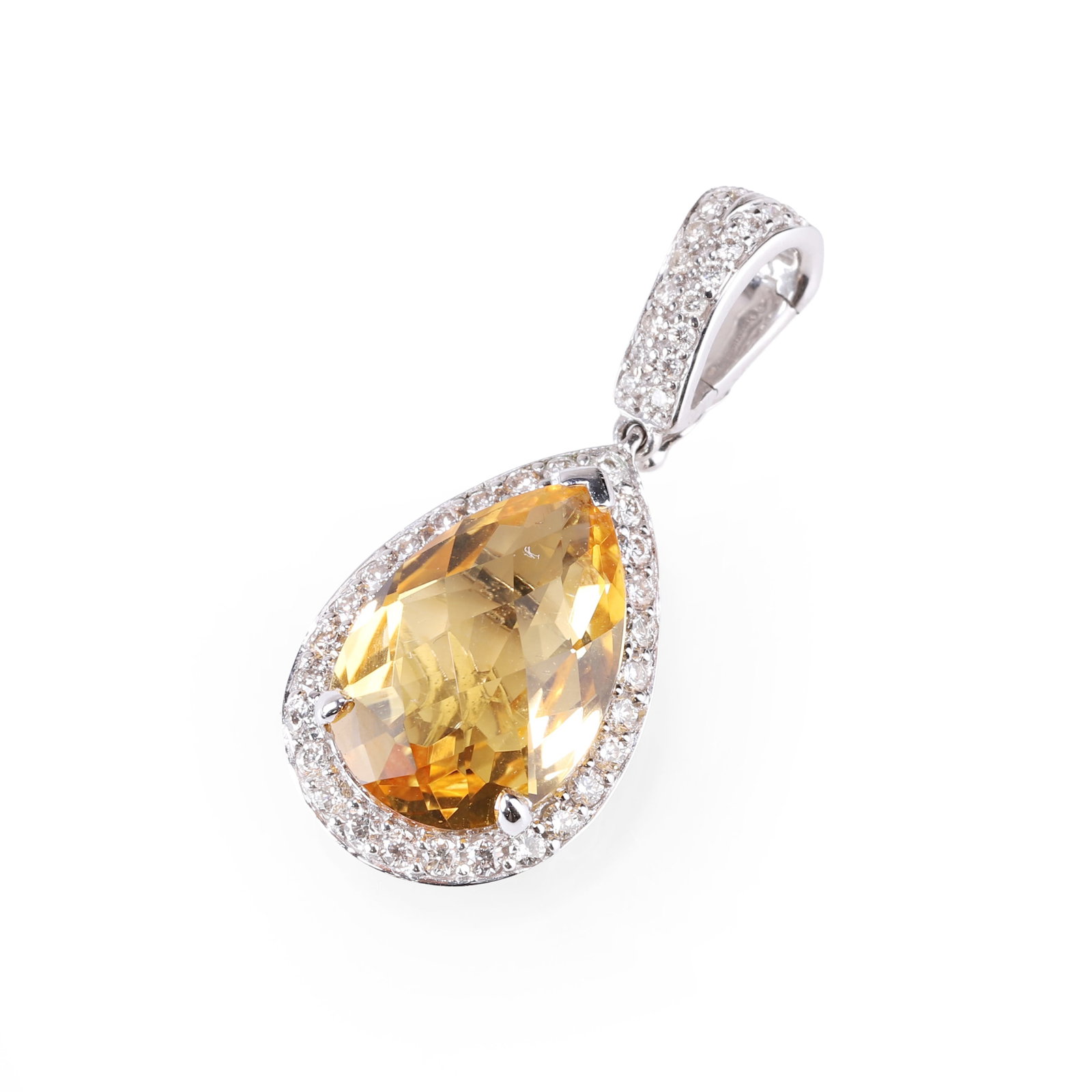 A citrine and diamond pendant,: A citrine and diamond pendant, the pear shaped, checkerboard-cut citrine, claw set and surrounded by thread and grain set round brilliant cut diamonds to a galleried collet with wirework scrolls and p