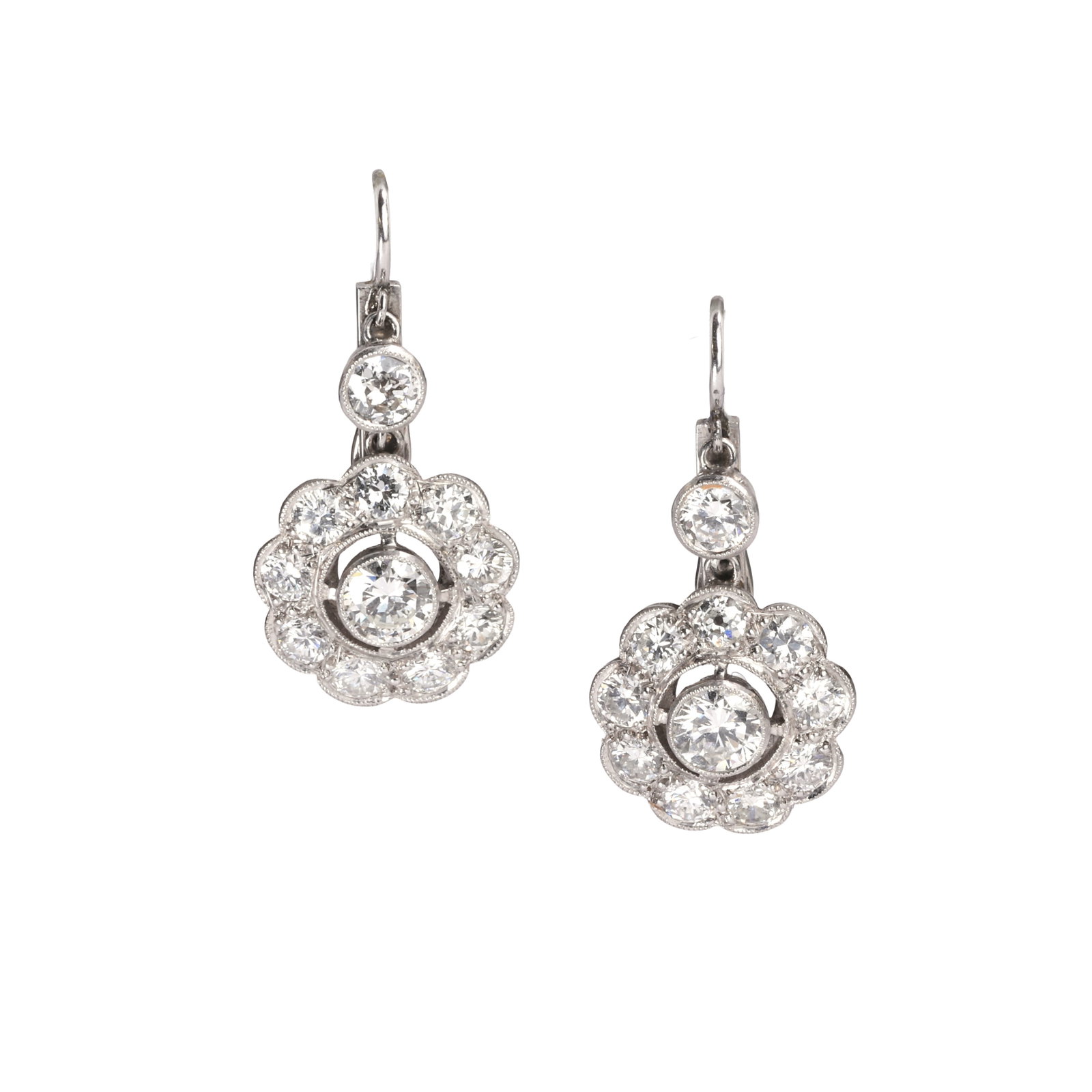 A pair of diamond drop earrings,: A pair of diamond drop earrings, composed of a central round brilliant cut diamond within an open daisy cluster surround with millegrain setting edge, suspended from a round brilliant cut diamond on a