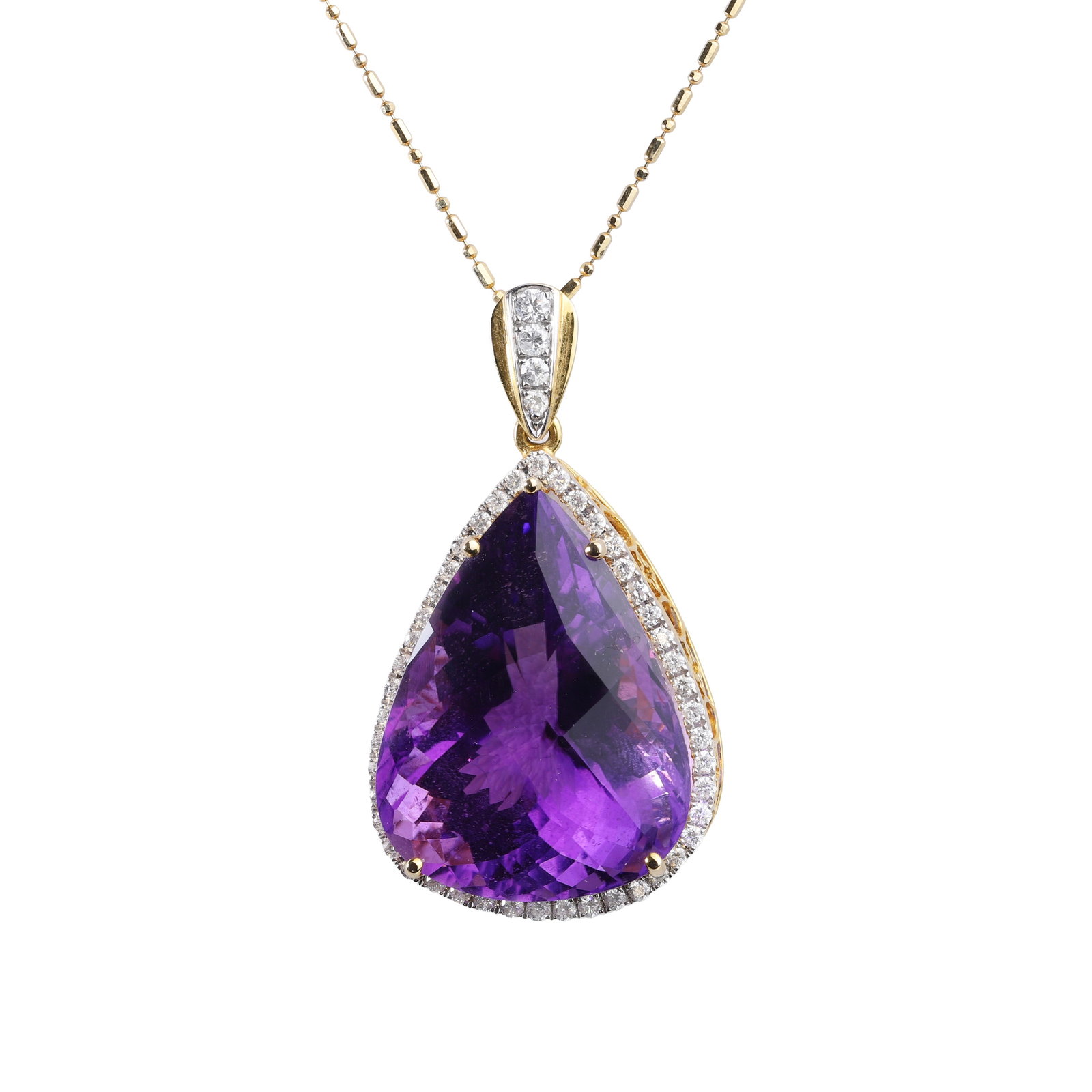 An amethyst and diamond pendant on chain,: An amethyst and diamond pendant on chain, the pear shaped checkerboard amethyst claw set with a round brilliant cut diamond surround to an oval and quatrefoil wire work collet, with articulated diamon
