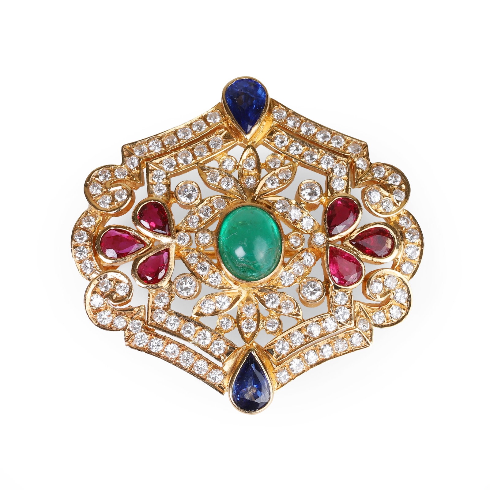 A gemstone and diamond set brooch,: A gemstone and diamond set brooch, with central oval cabochon emerald flanked by a trefoil of faceted pear shaped ruby to either side and a faceted pear shape sapphire above and below, all worked with