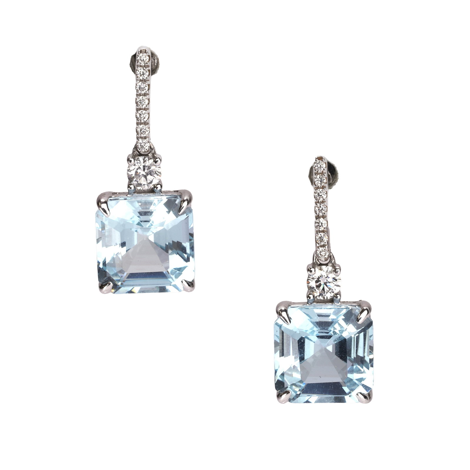 A pair of 18ct white gold aquamarine and diamond drop earrings,: A pair of 18ct white gold aquamarine and diamond drop earrings, each square stepped cut aquamarine claw set beneath an articulated diamond surmount, to post and butterfly fittings, hallmarked 750, Bir
